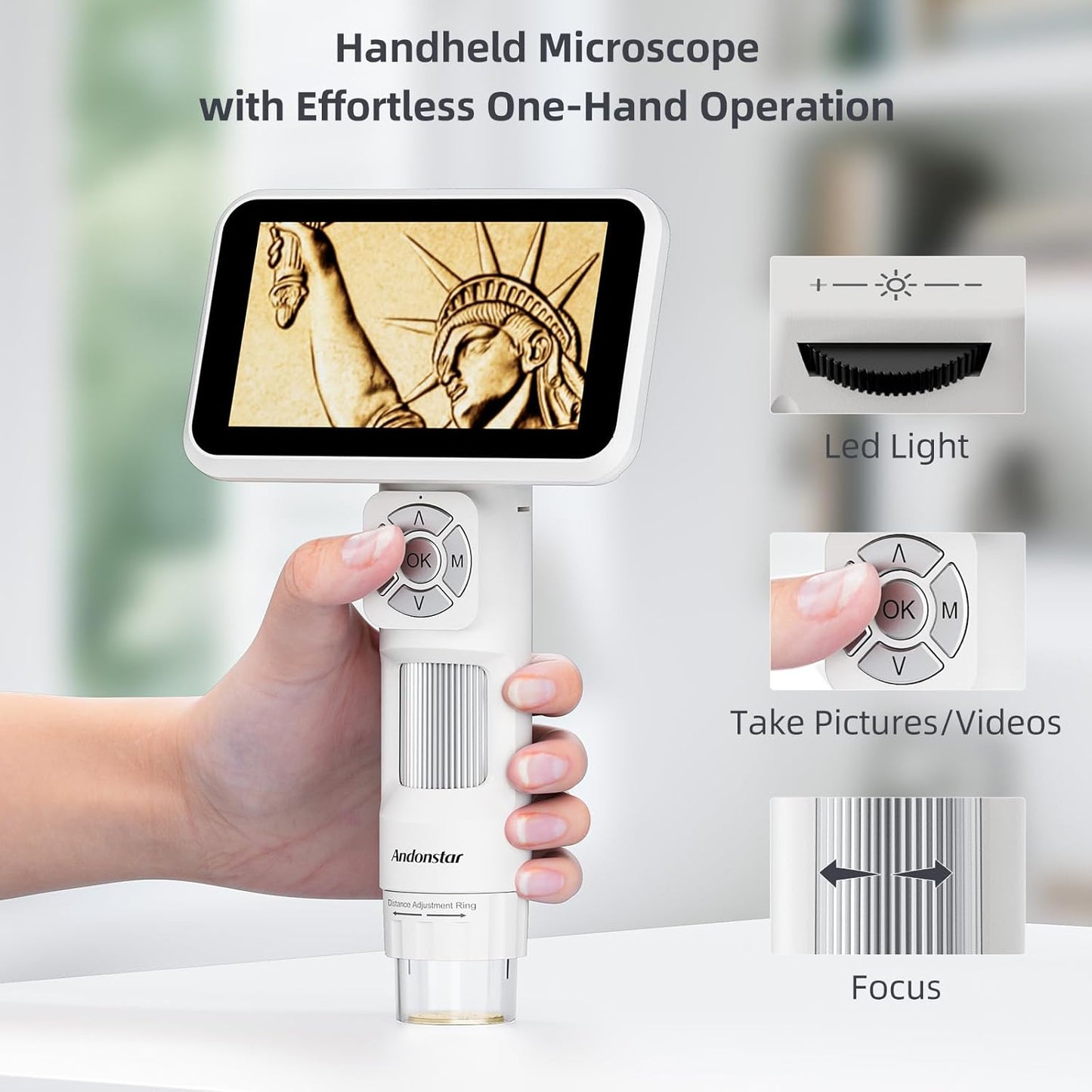 Andonstar Digital Microscope, 5" 1080P Coin Microscope Camera for Error Coin with 7.3" Metal Stand for Adults Kids, Handheld USB Coin Magnifier with 8 Adjustable LED Lights, Windows Mac PC View, AD115