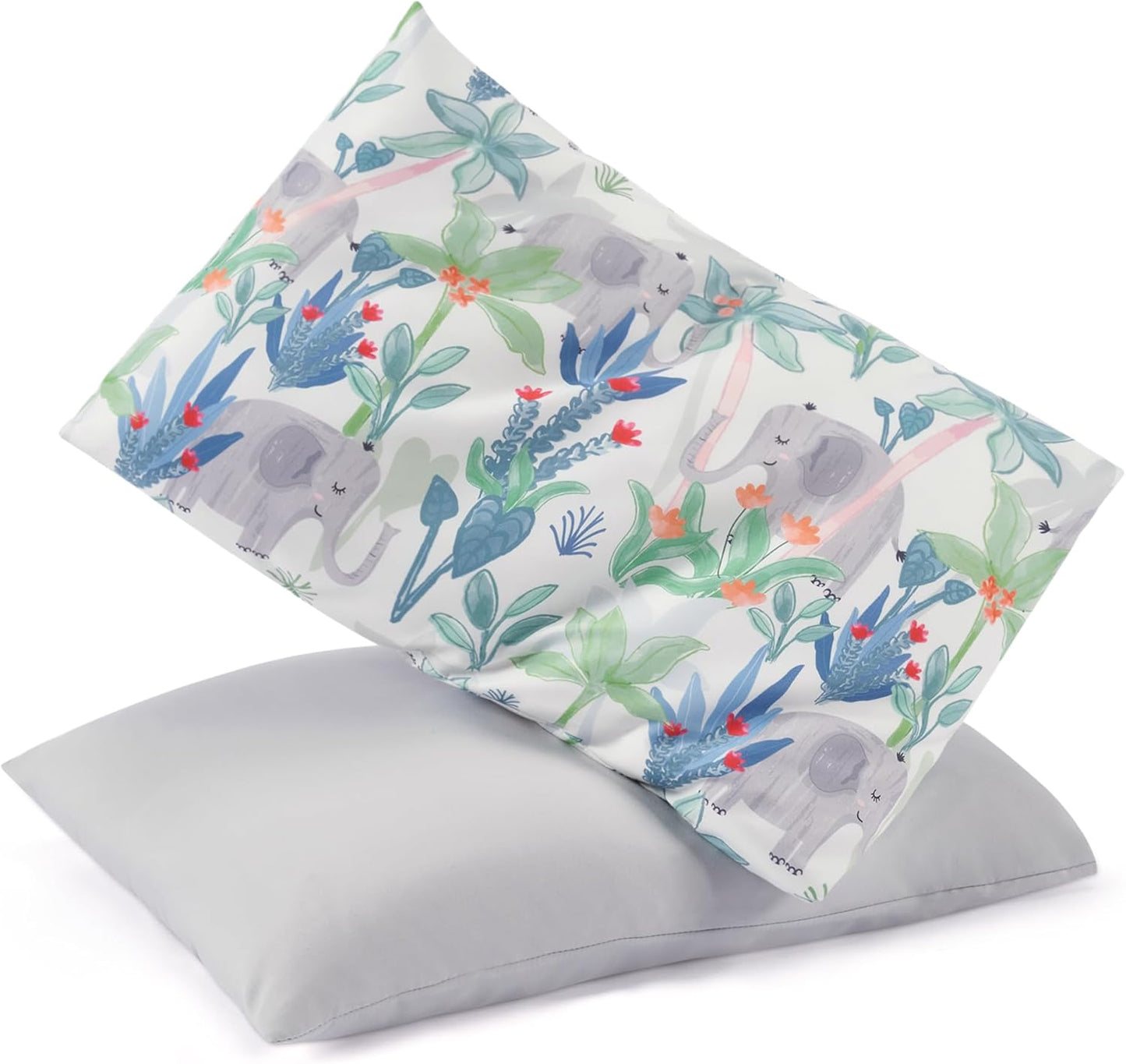 TILLYOU Toddler Pillowcases 13 x 18 Travel Pillow Case 2 Pack, Kids Pillowcases Machine Washable with Envelope Closure, Rainforest Elephant & Grey