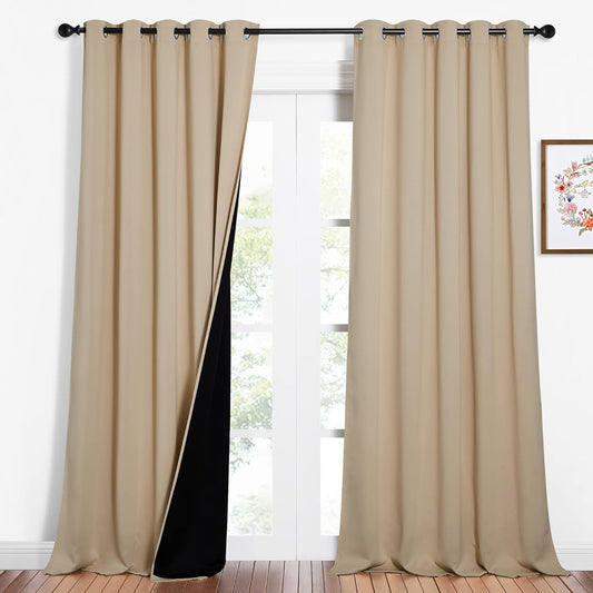 NICETOWN Thermal Insulated 100% Blackout Curtains, Noise Reducing Performance Drapes with Black Lining, Full Light Blocking Drapery Panels for Patio (Biscotti Beige, 1 Pair, 62 inches x 95 inches)