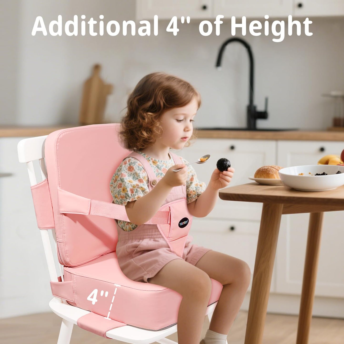 Toddler Booster Seat for Kitchen Chair, 2-in-1 Dining Table Booster Seat with Backrest & Adjustable Straps – Easy-Clean, PU Portable Toddler Eating Travel Increasing Cushion - Pink