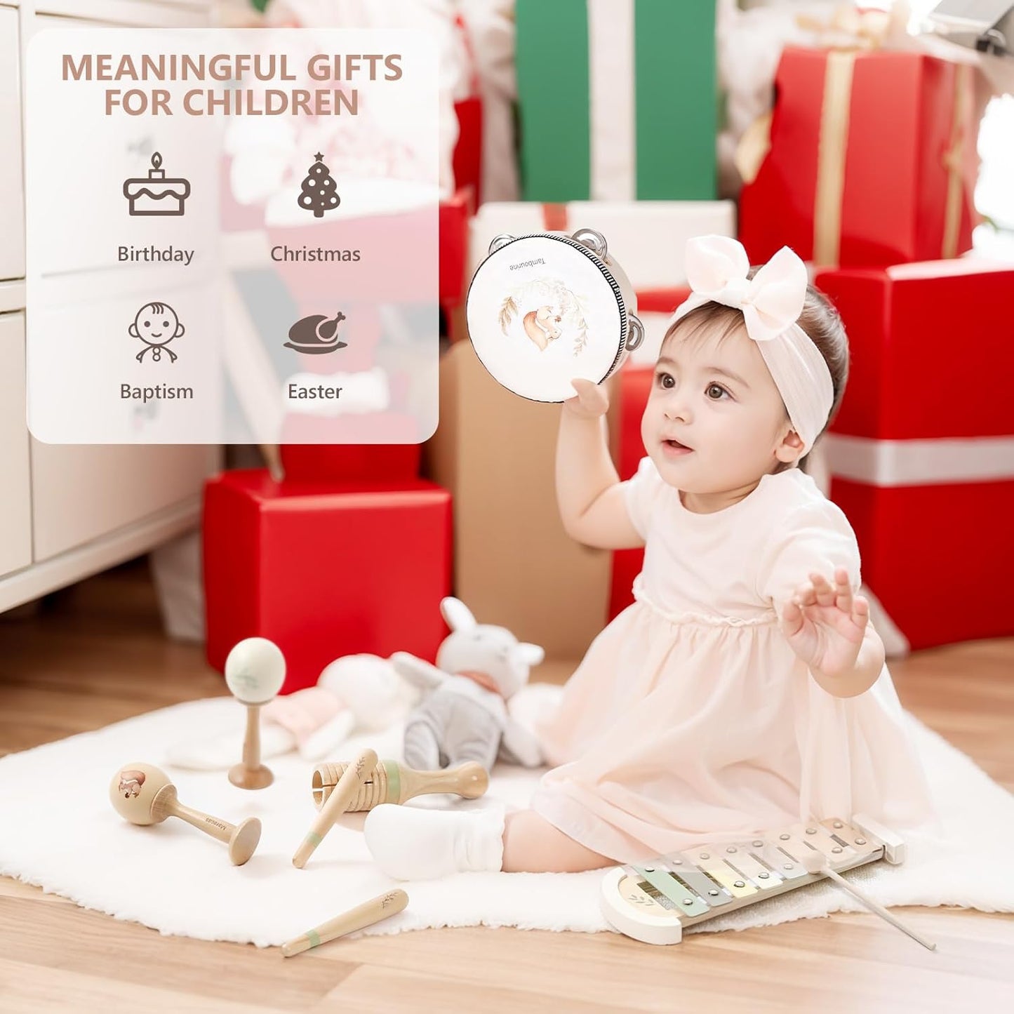 Baby Musical Instruments Set Wooden Montessori Musical Toys for Toddlers Neutral Colors Percussion Instruments Set with Modern Boho Xylophone Tambourine Educational Musical Toys for Preschool Kids