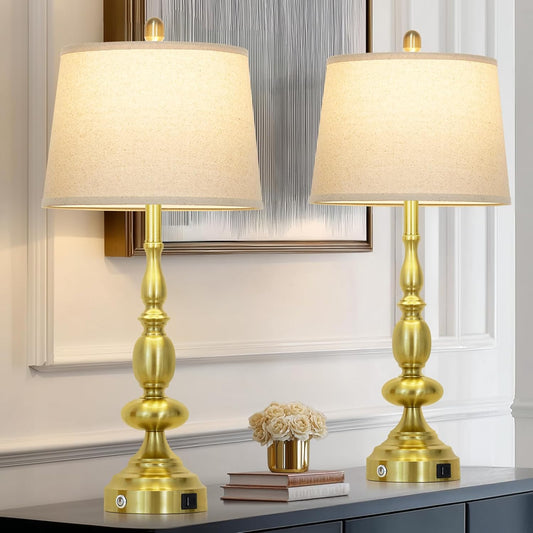 29" Modern Gold Table Lamps Set of 2, Industrial Touch Control 3-Way Dimmable Bedside Lamp with USB C+A Ports, Metal Farmhouse Nightstand Lamps for Living Room Bedroom End Tables(2 LED Bulbs Included)