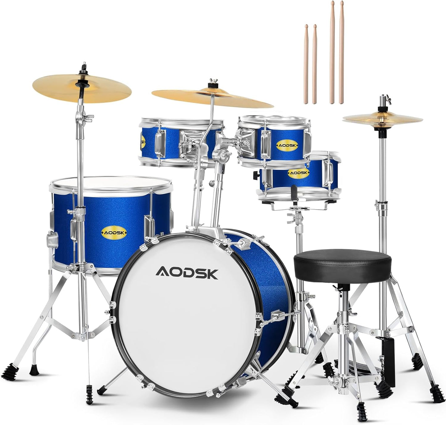 AODSK Kid Drum Sets 5-Piece for Beginners, 14 inch Full Size Complete Drum Kit with Adjustable Throne, Cymbal, Hi-Hat, Pedal & Drumstick, Black