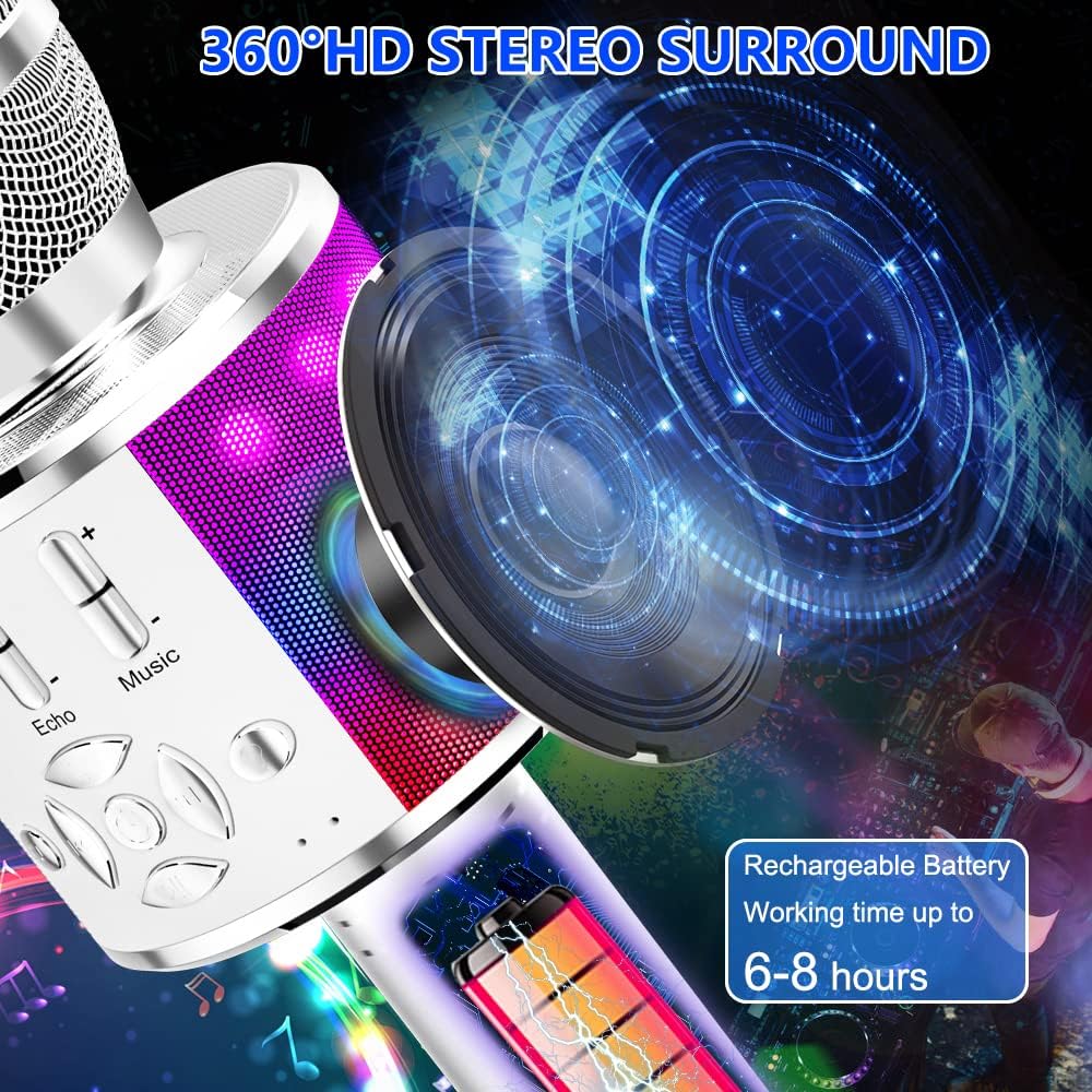 Amazmic Kids Karaoke Microphone Machine Toy Bluetooth Microphone Portable Wireless Karaoke Machine Handheld with LED Lights, Gift for Children Adults Birthday Party, Home KTV(Silver)