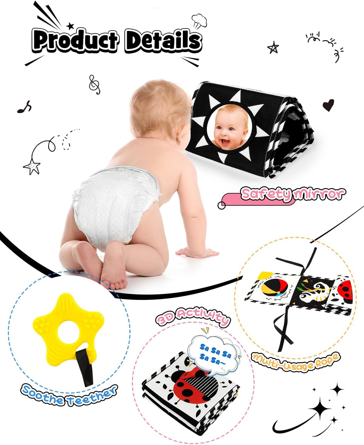 3 PCS Black and White High Contrast Baby Toys for Newborn, Montessori Toy Sensory Infant Tummy Time Toy Baby Essentials 0-6-12 Months Gifts
