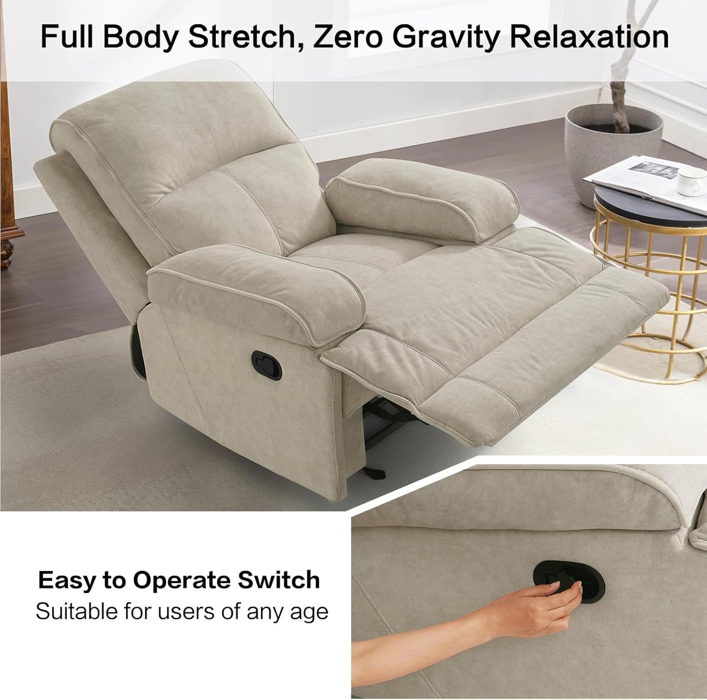 Nursery Glider Recliner Rocking Chair with Extra Large Footrest,Velvet Upholstered Nursing Chair for Breastfeeding for Living Room, Bedroom, Nursing Room (Style A, Beige)