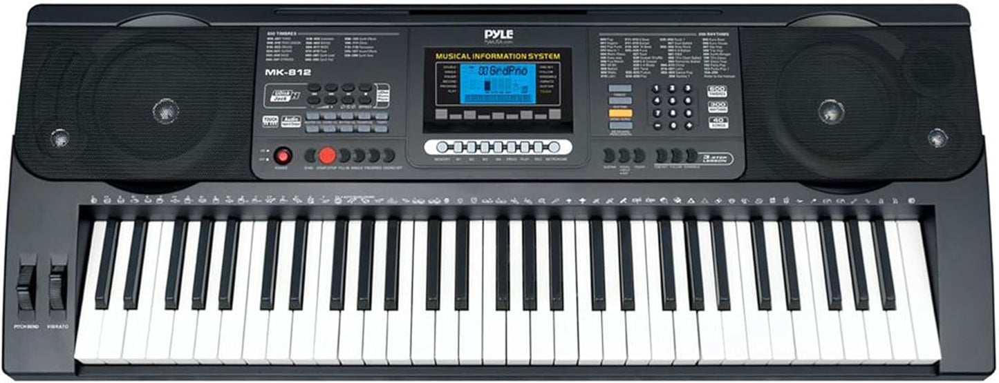 Pyle 61-Key Digital Karaoke Keyboard Piano – Portable Electronic Music Keyboard with Stand, Stool, Mic Input, Stereo Speakers, Record & Playback, Teaching Functions & Case Bag