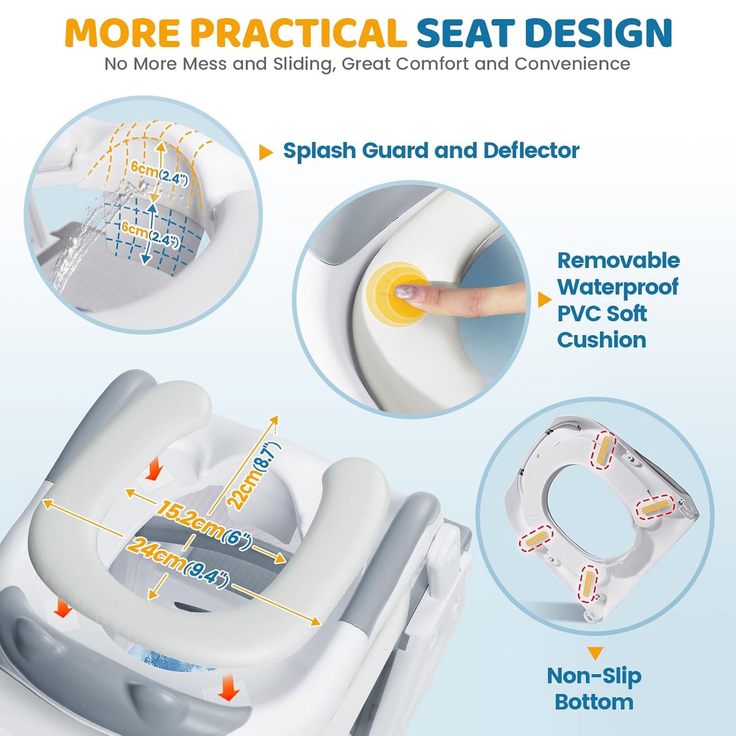 Orzbow 2-IN-1 Potty Training Toilet Seat with Step Stool for Toddler, Stability Training Potty Seat for Kids Boys Girls with Splash Guard and Anti-Slip Pad, Adjustable Ladder & Potty Seat Height, Grey