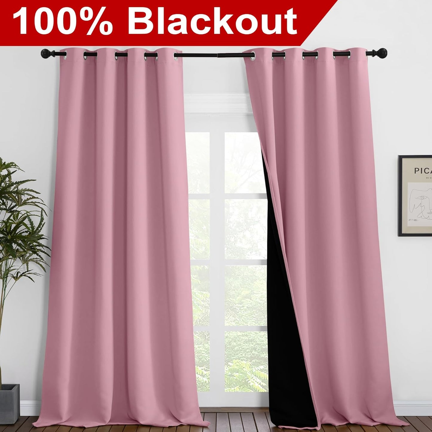 NICETOWN Total Shade Curtains and Draperies, Heavy-Duty Full Light Shading Drapes with Black Liner Backing for Villa/Hall/Dorm Window(Crystal Pink, Package of 2, 55 inches Wide x 96 inches Long)