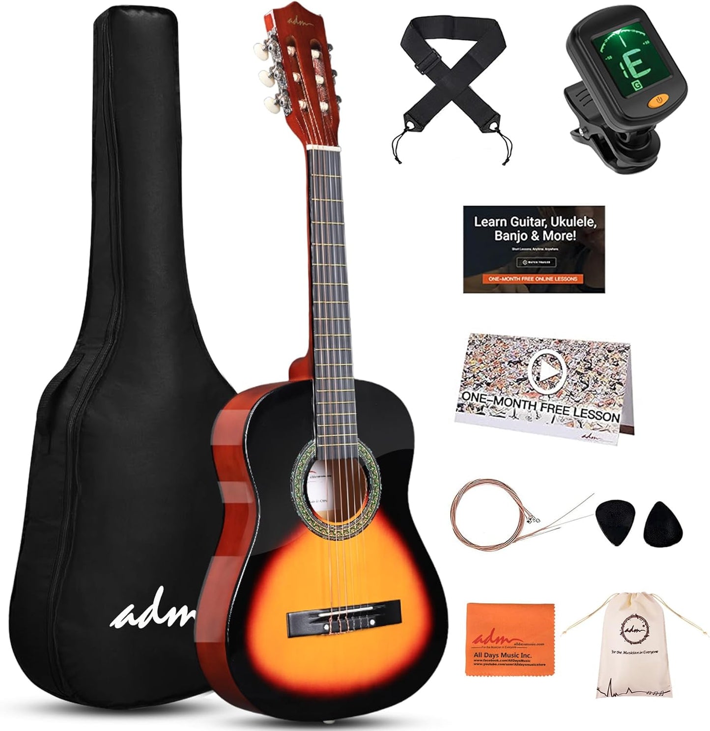 ADM Beginner Acoustic Classical Guitar Nylon Strings Wooden Guitar Bundle Kit for Kid Boy Girl Student Youth Guitarra Online Lessons with Gig Bag, Strap, Tuner, Strings, Picks (34 Inch, Sunburst)
