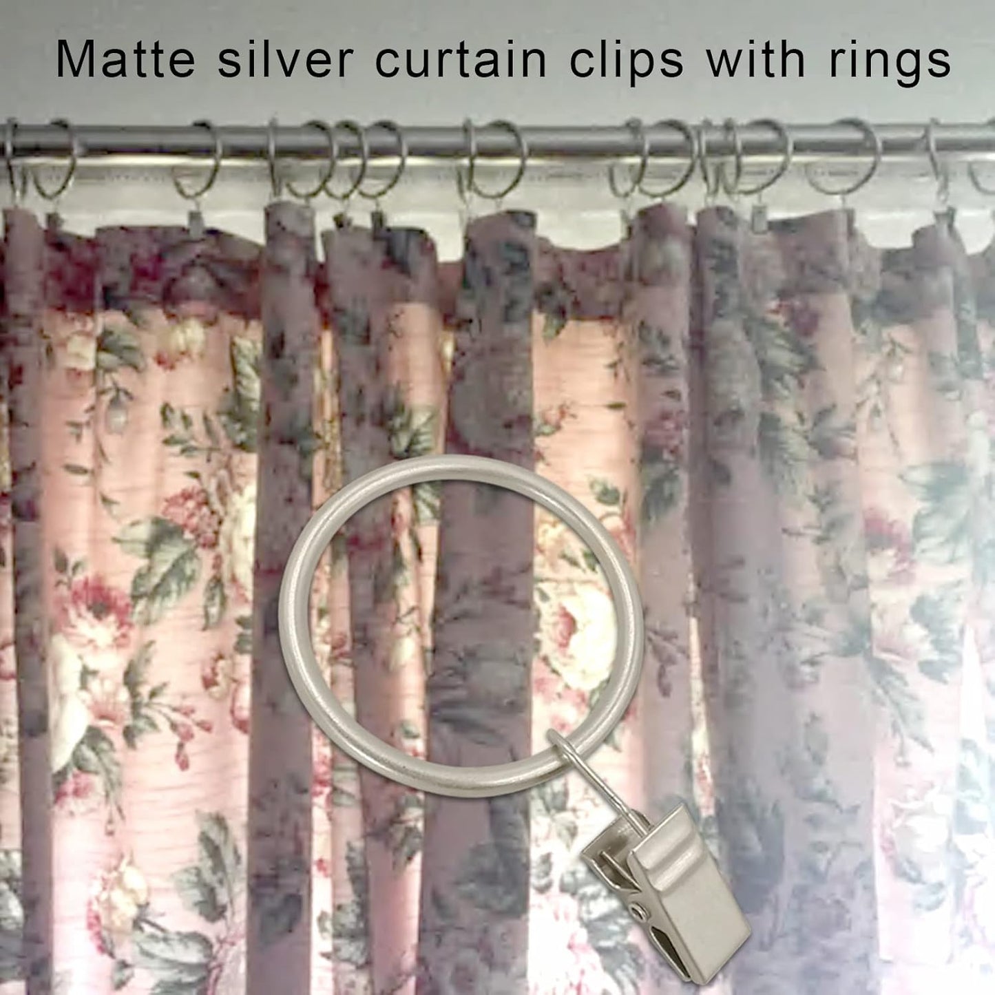 40 Pack Matte Silver Curtain Rings with Clips, Curtain Hooks Hangers Clip Rings for Hanging Drapes Bows Hat, Drapery Rings 1.5 in I D, Fits up to 1.2 in Diameter Curtain Rod.