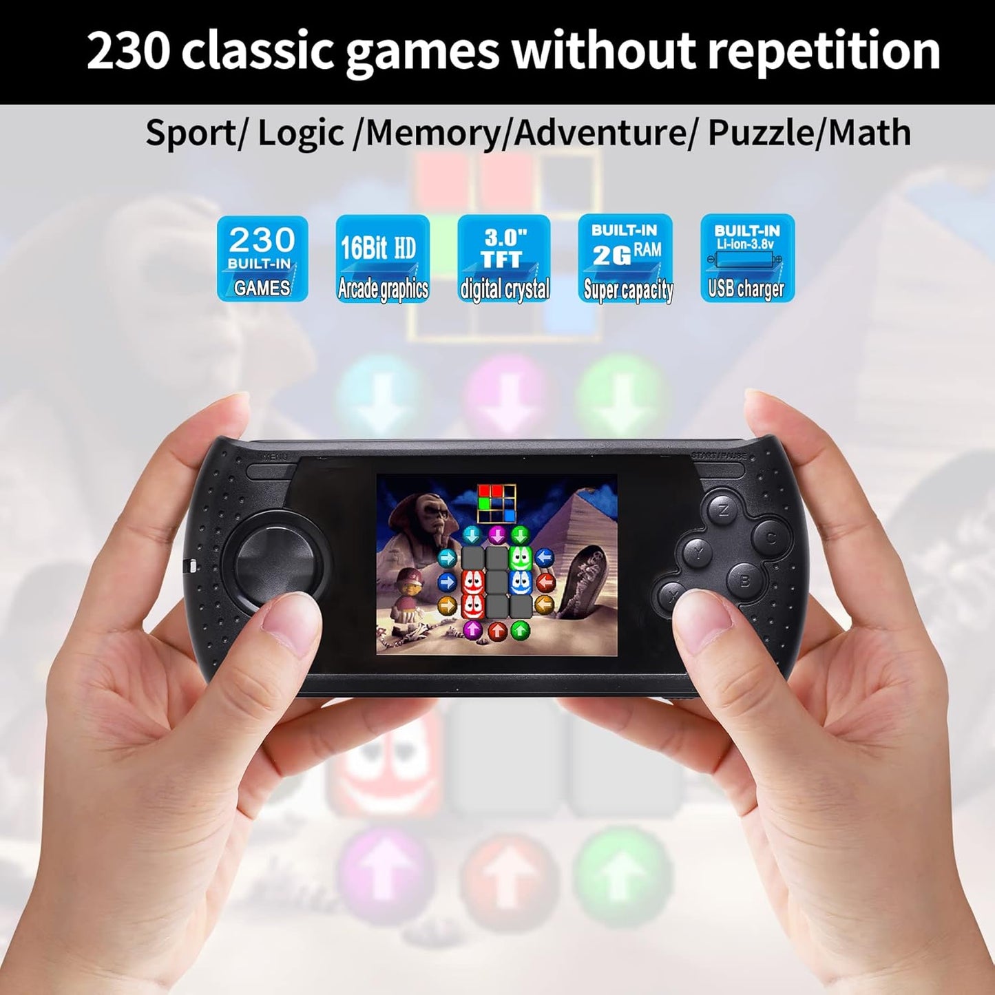 16 Bit Handheld Game for Kids Built-in 230 HD Classic Retro Video Games USB Rechargeable 3.0 Inch Childrens Travel Electronics Toys Portable Gaming Player System Gift for Boys Girls Ages 4-8-12
