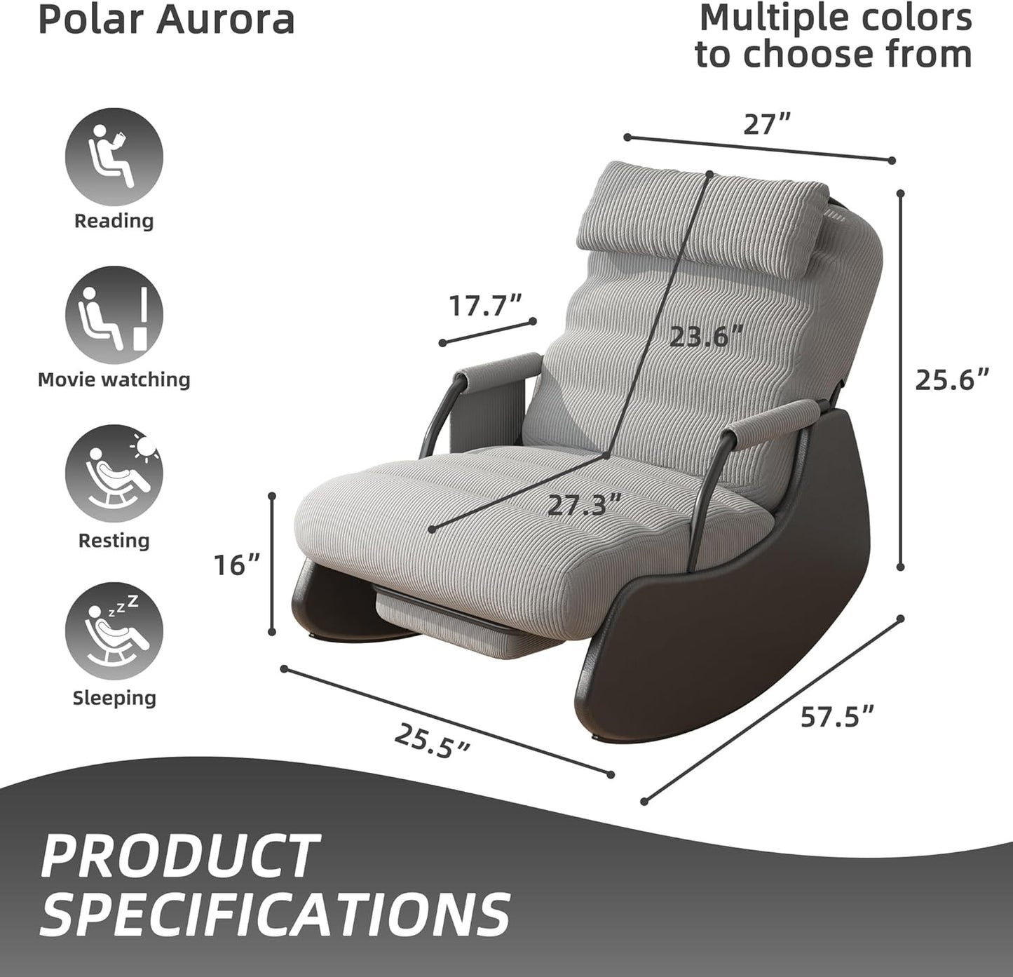 Polar Aurora Nursery Rocking Chairs with Soft Seat and Headrest,Corduroy Fabric Accent Chair with Side Pocket,Glider Rocking Chair for Bedroom/Living Room/Nursery(Dark Grey/Black)