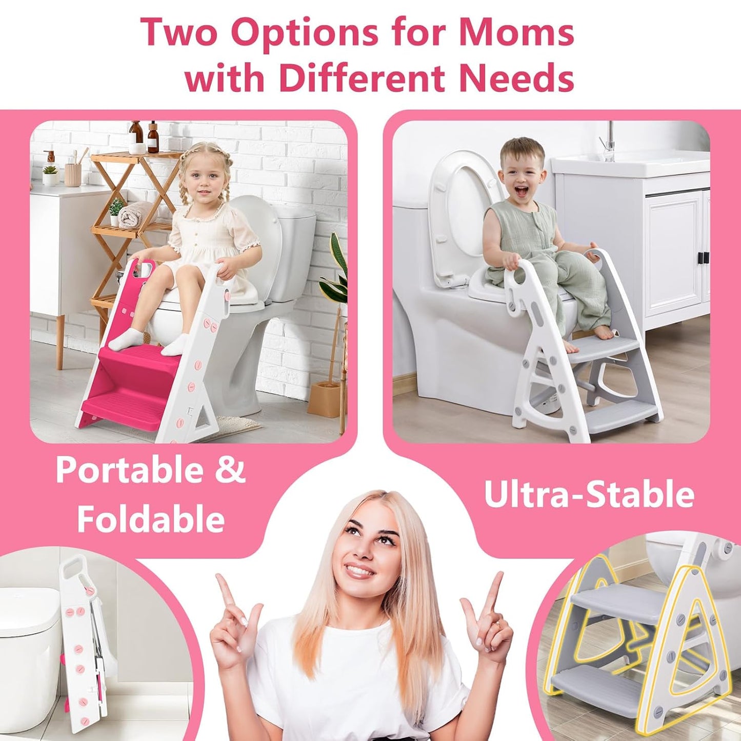 Easy Storage Potty Training Seat with Ladder, Adjustable Step and Toilet Seat Height, Easy-Grip Handles for Climbing, Foldable Portable Toddler Toilet Trainer, Perfect for Small Bathrooms