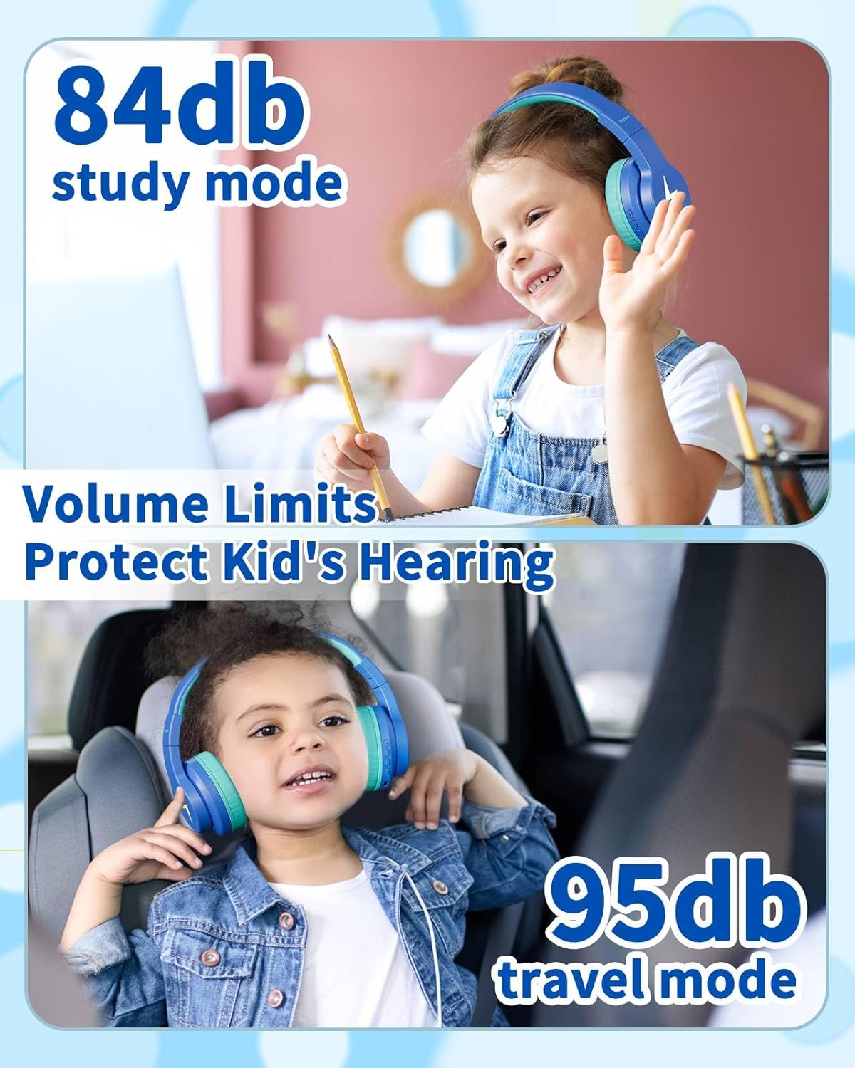 seenda Kids Headphones Wireless, Bluetooth Headphones for Kid with 85/94dB Volume Limit, 45H Play Time, 3 Light Modes, Built-in Mic Headset for Toddler Boy Girl Travel School iPhone iPad Tablet