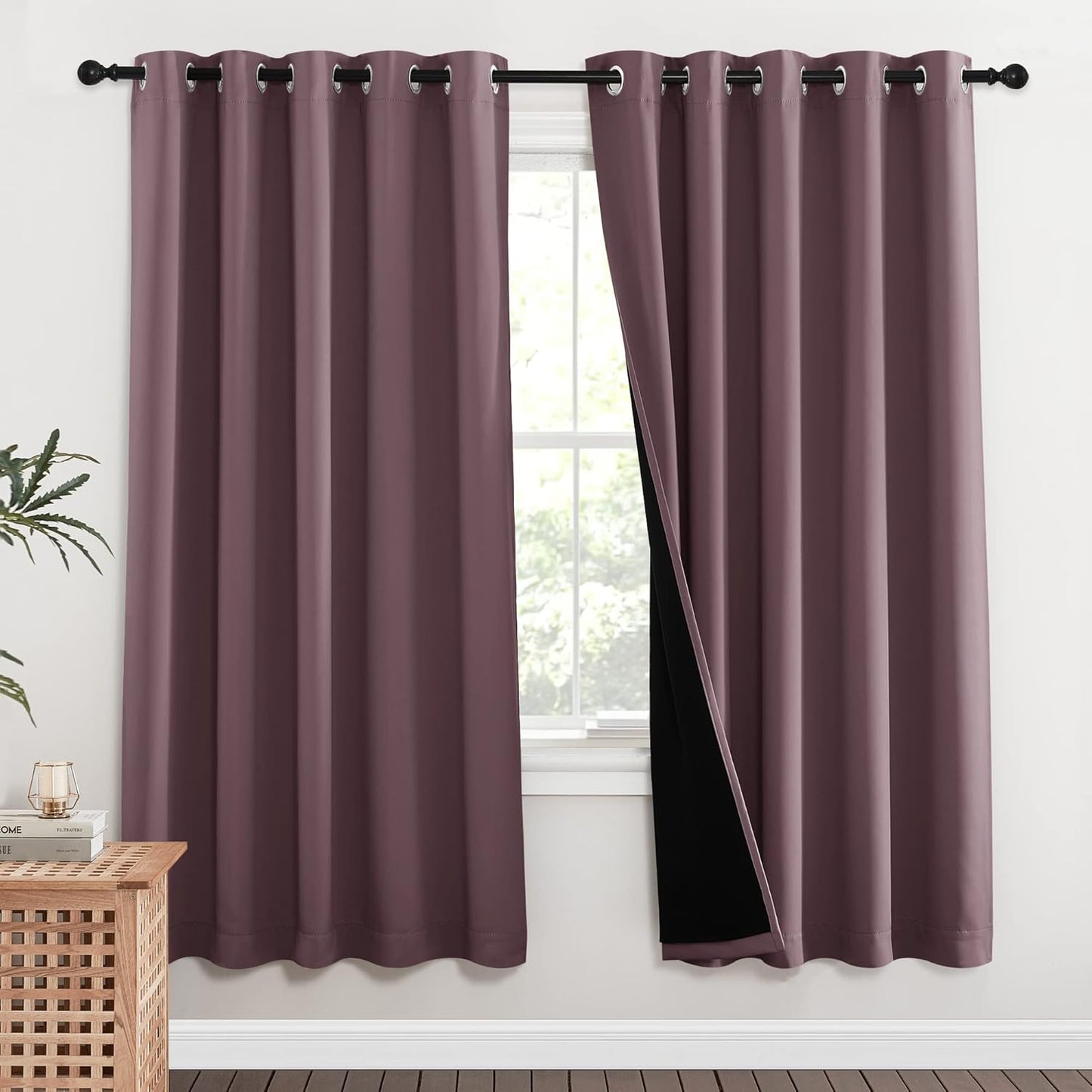 NICETOWN 100% Blackout Window Curtain Panels, Full Light Blocking Drapes with Black Liner for Nursery, 72-inch Drop Thermal Insulated Draperies (Dry Rose, 2 Pieces, 62-inch Wide Per Panel)