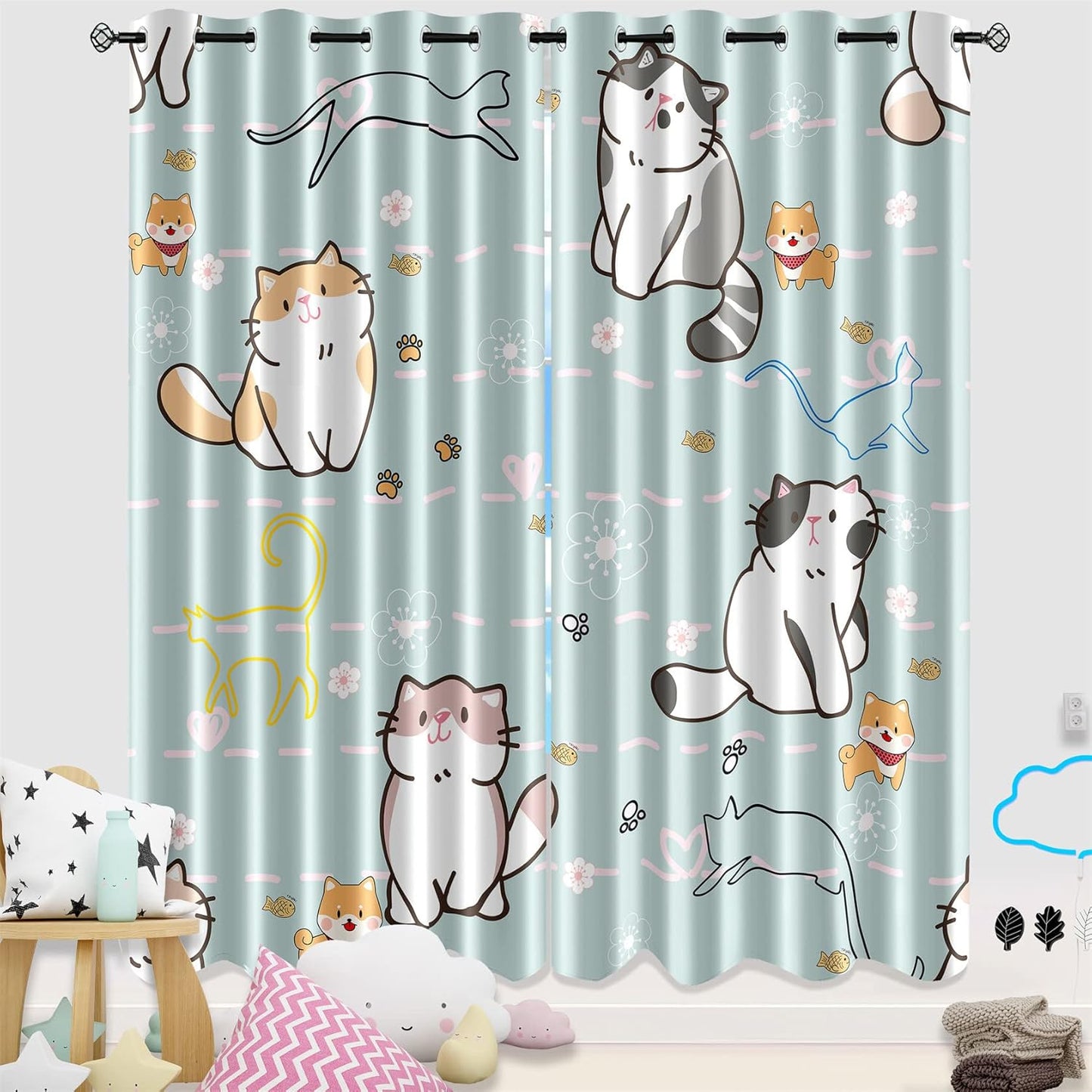 Cartoon Cat Blackout Curtains for Girls Room - Grommets Top, Animal Themed, Thermal Insulated Panels for Bedroom, Nursery Decor, 82 in x 84 in