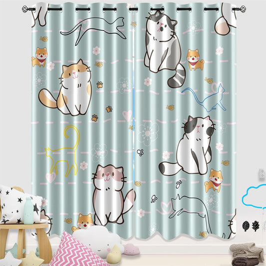 Cartoon Cat Blackout Curtains for Girls Room - Grommets Top, Animal Themed, Thermal Insulated Panels for Bedroom, Nursery Decor, 82 in x 84 in