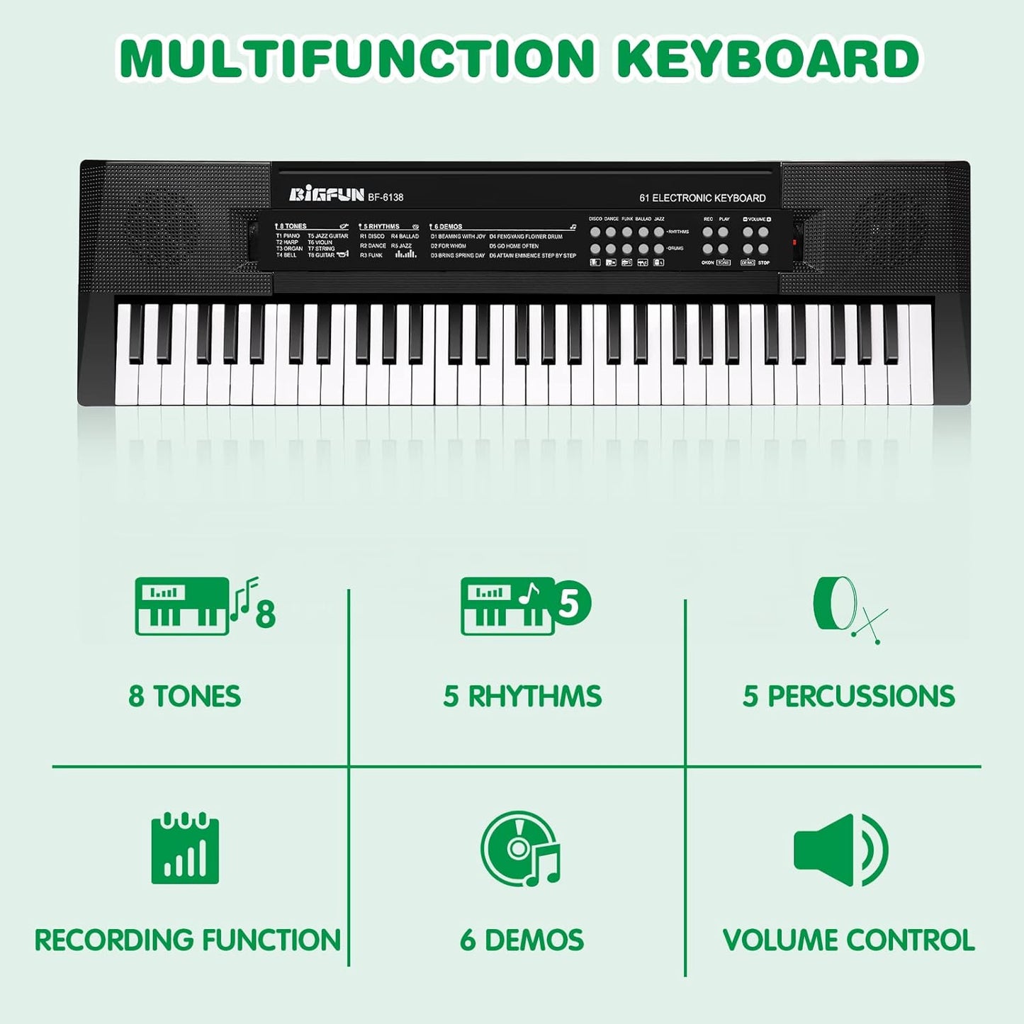 M SANMERSEN Kids Music Keyboard, 61-Key Portable Electronic Piano Toy with Microphone, Teaching Tool for Beginners, Ages 3-12, Black
