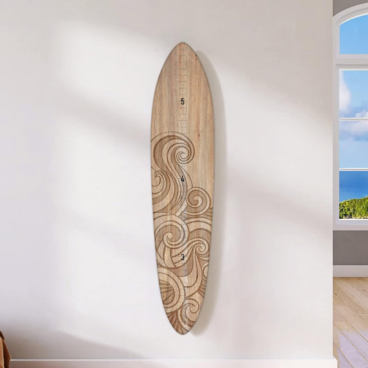 Wooden Surfboard Wall Decor Growth Chart - Surfboard Art Decor for Kids Room, Wood Surfboard Kids Sizing Chart, Surf Boards Art, Height Board Surfer Decor - Brown Wave (9.5"x 46")
