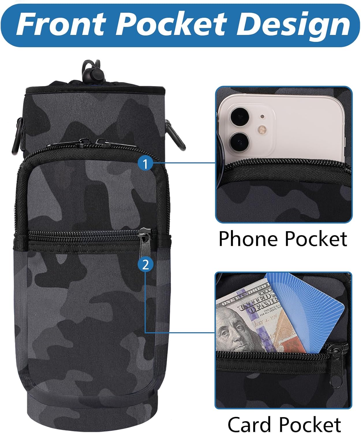 32 40 oz Water Bottle Carrier with Strap, Neoprene Water Bottle Sleeve Bag with 2 Pockets Insulated Flask Sling Holder for Walking Hiking Gym