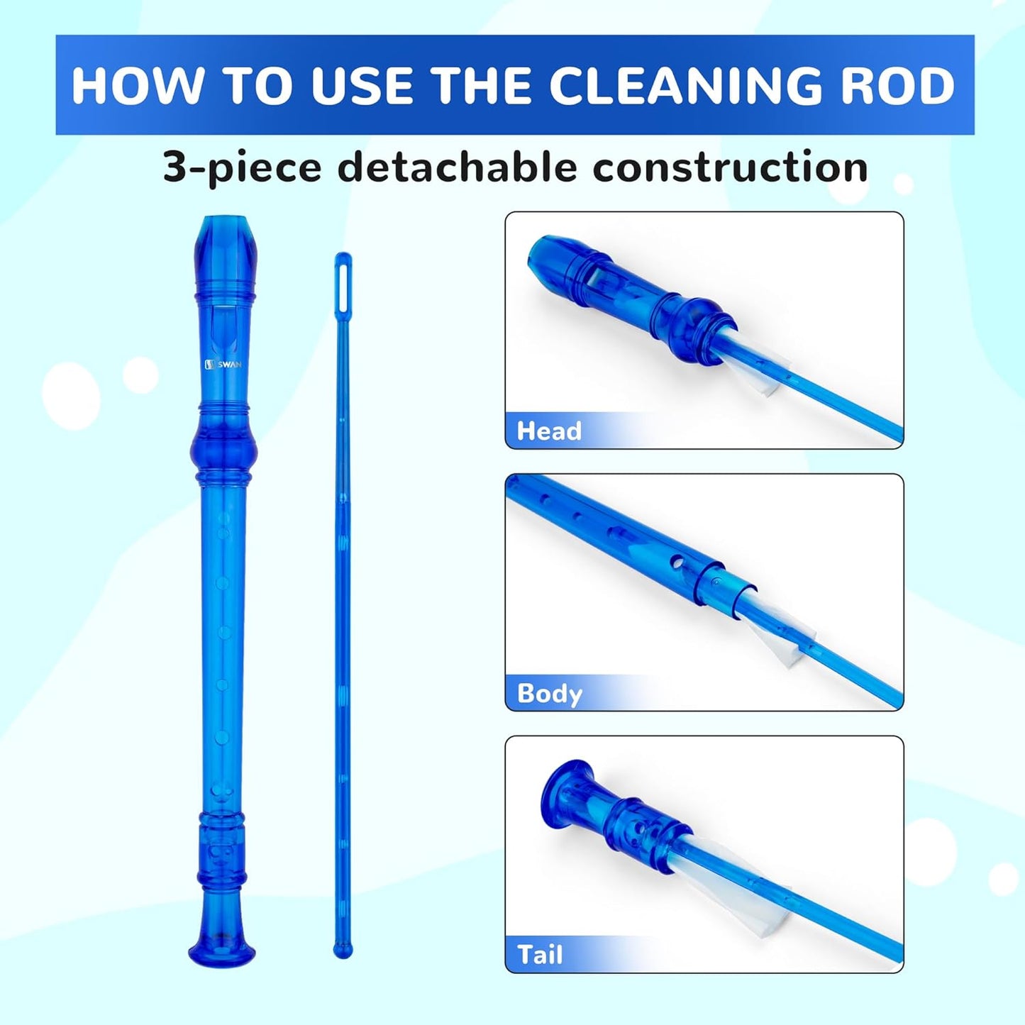 SWAN Soprano Recorder Instrument for Beginners Kids Student - Baroque Style 8 Hole Flute Detachable 3pcs ABS Descant Recorders with Cleaning Rod and Fingering Chart, SW8KT, Transparent Blue