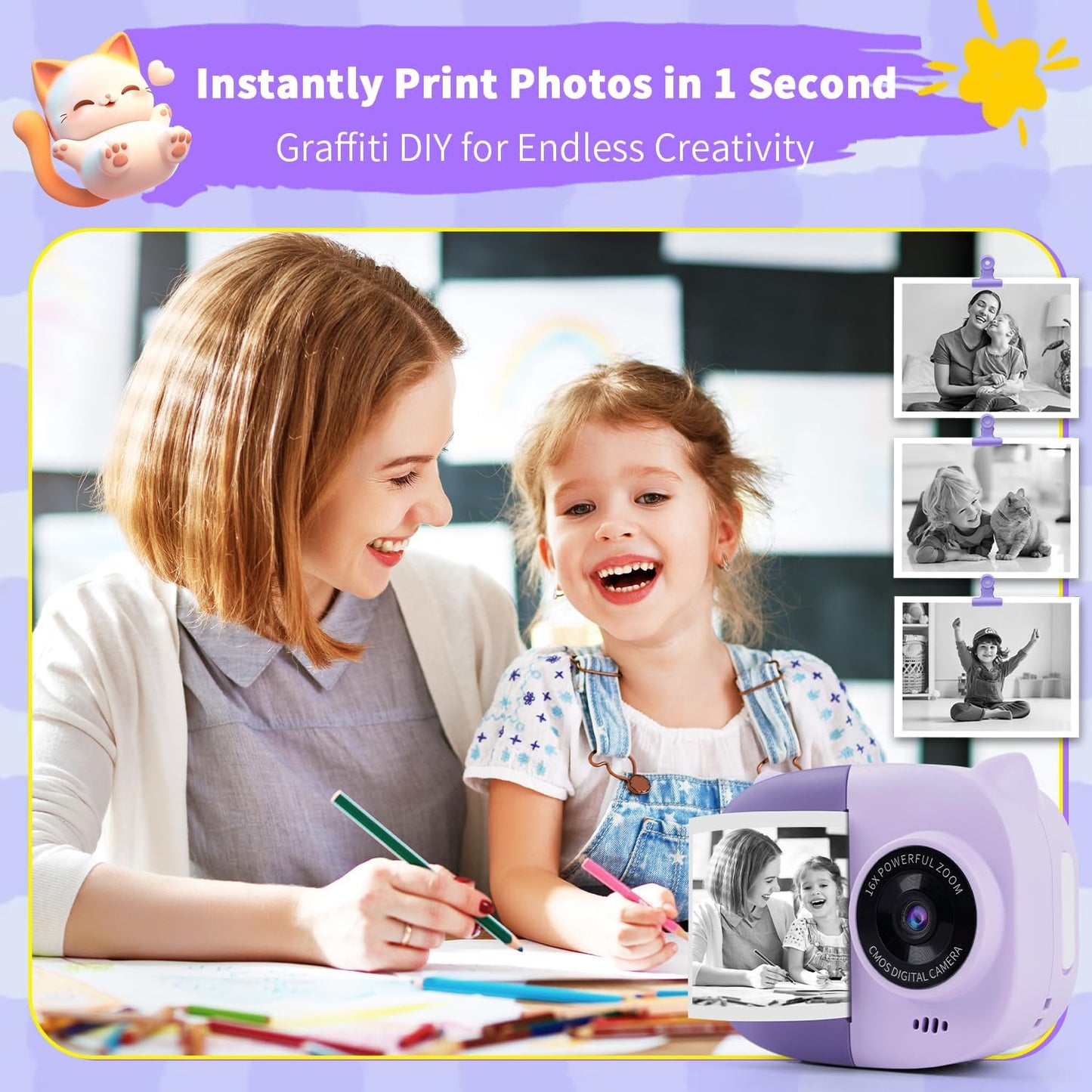 Portable Instant Camera for Kids Print Photos Travel Digital 1080P Video Camera for Toddlers 3 4 5 6 7 8 Year Old Girls Holiday Christmas Birthday Gifts (Purple)