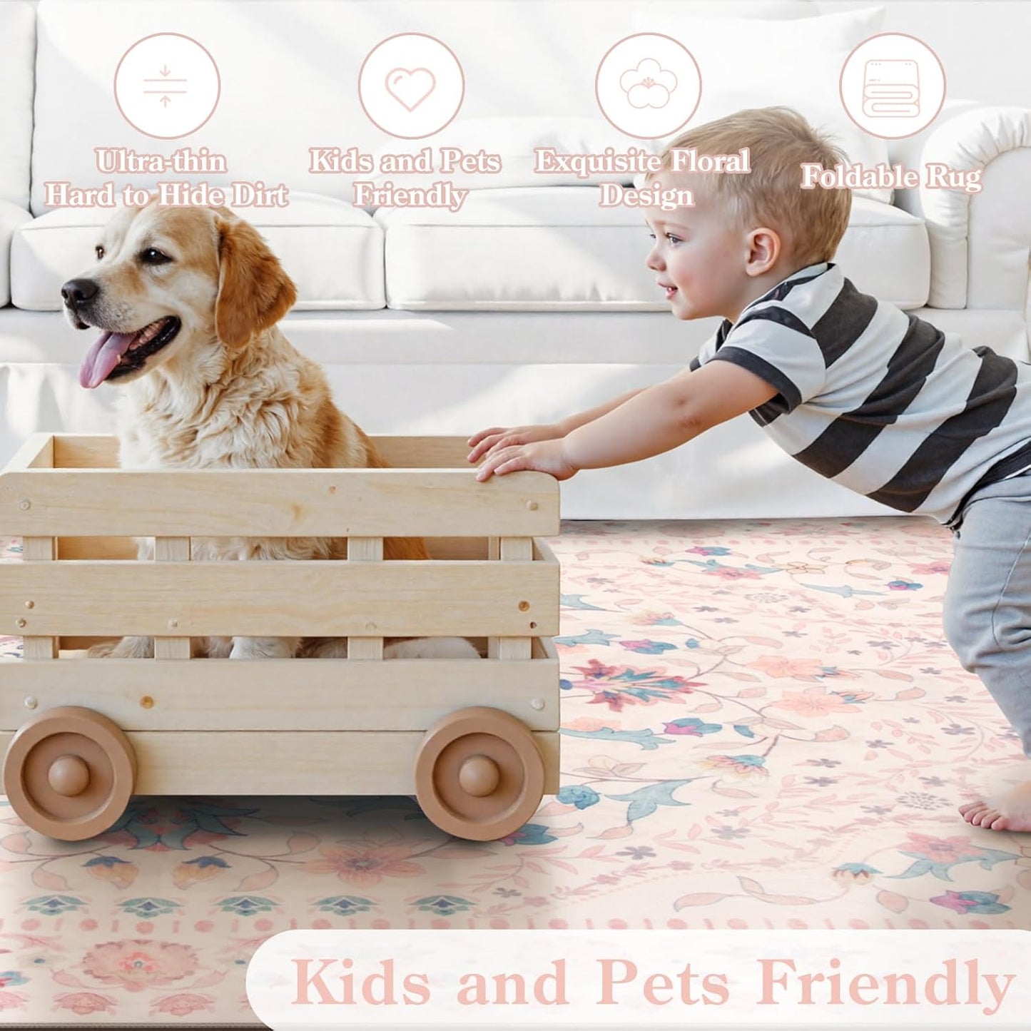 Wonnitar Floral 5x7 Washable Nursery Rug, Pink Rugs for Bedroom Girls, Boho Ultra-Thin Soft Non Slip Floor Carpet for Dorm Living Room Playroom Home Decor, Pastel Pink