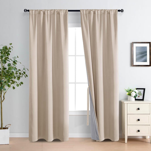 XWZO Total Blackout Curtains 84 Inches Long Rod Pocket Thermal Insulated Black Liner, Noise Reducing and Heat Blocking Drapes for Studio Windows with Tiebacks, Biscotti Beige, W42 x L84, Set of 2