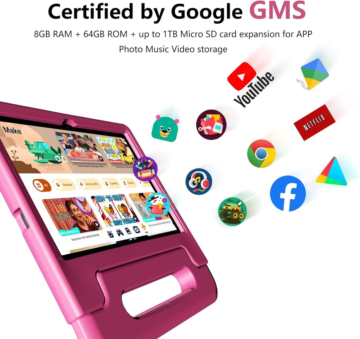 Kids Tablet 8GB+64GB, 10 Inch Android 14 Tablet for Kids 6000mAh with Case, WiFi 6, Bth 5.2, Dual Camera, GPS Pre-Installed Parental Controls, Kids Space & Family Link Great Gift for Toddler Children