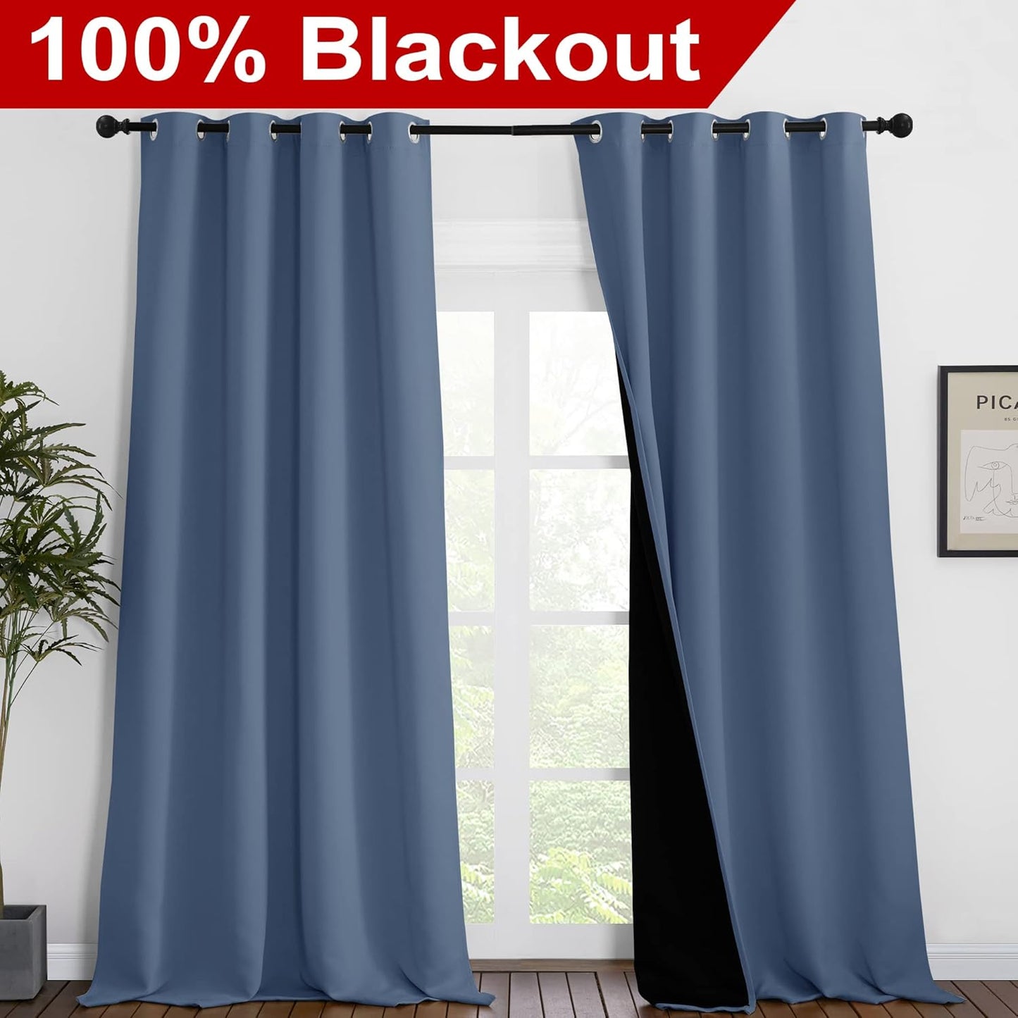 NICETOWN Insulated 100% Blackout Curtains, Noise Reducing Performance Drapes with Black Lining, Full Light Blocking Draperies for Overnight Shift Worker (Stone Blue, 1 Pair, 55 inches x 96 inches)