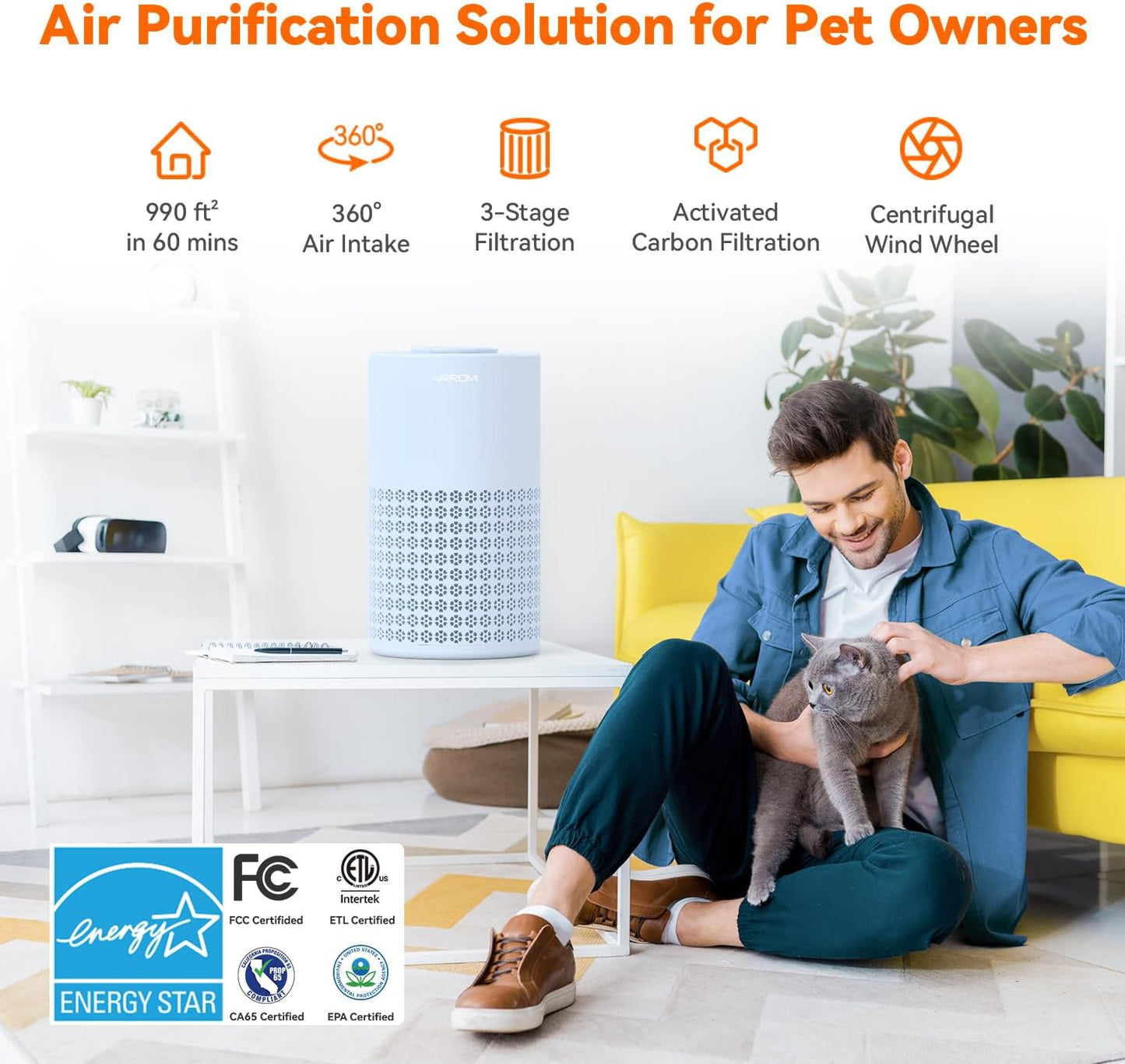 AIRROMI Air Purifier for Bedroom with HEPA 3-in-1 Filter, Pet Air Purifier for Home Cat Pee Smell, Covers Upto 990 Ft², Quiet 360° intake Air Cleaner for pet hair,allergies,Dust,Smoke A2001 Blue