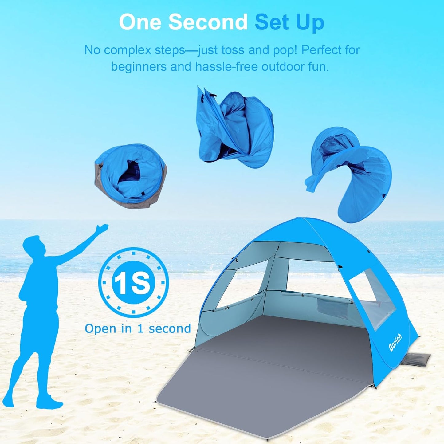 Gorich Easy Pop Up Beach Tent for 3-4 Person, UPF 50+ UV Protection Beach Umbrella Sun Shelter, Portable Lightweight Shade with Easy Foldable & Instant Setup