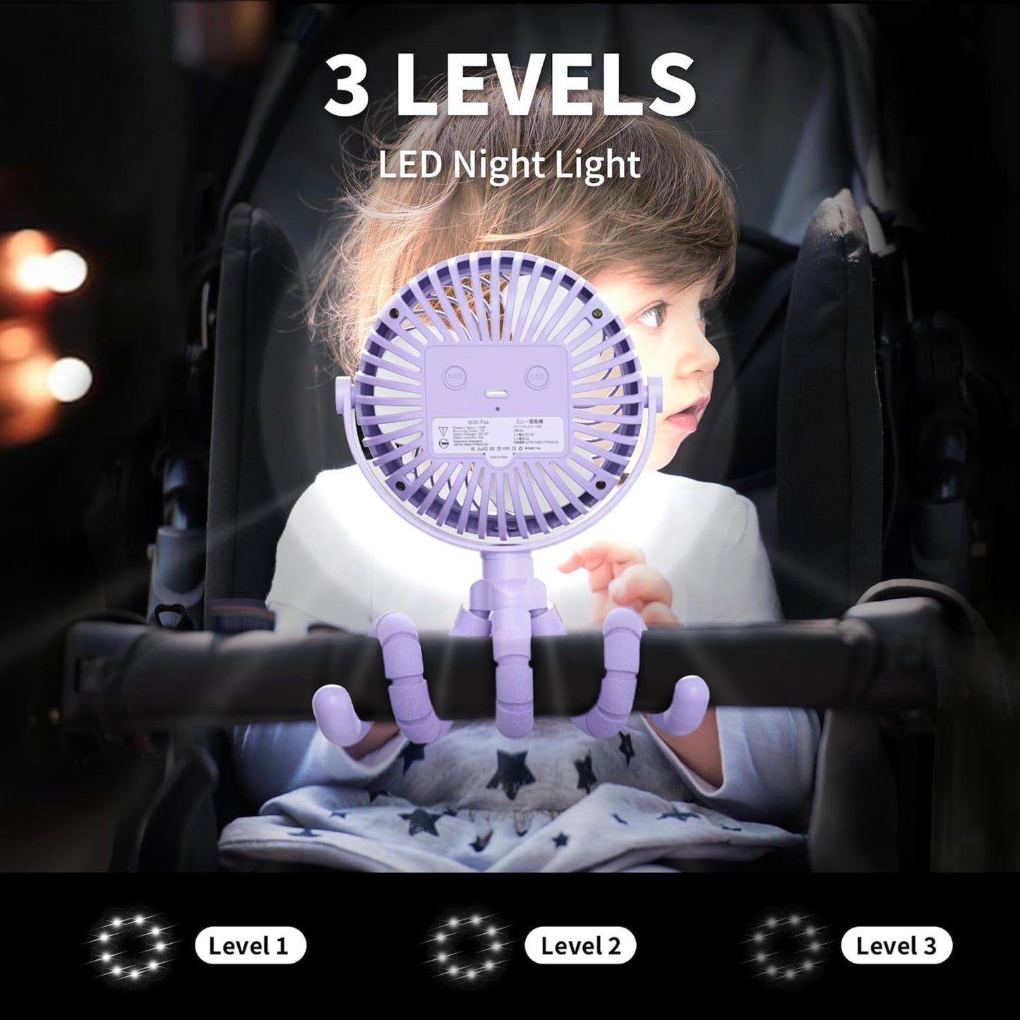 AMACOOL Battery Operated Stroller Fan Flexible Tripod Clip On Fan with 3 Speeds and Rotatable Handheld Personal Fans for Car Seat Crib Bike Treadmill (Purple)