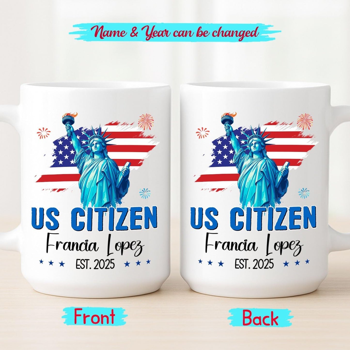 Personalized US Citizen Ceramic Coffee Mug 11Oz 15Oz, New American Citizen Naturalized and Caffeinated White Cup Gift, Customized Year & Name USA Citizenship Coffee Cup, American Flag Travel Teacup