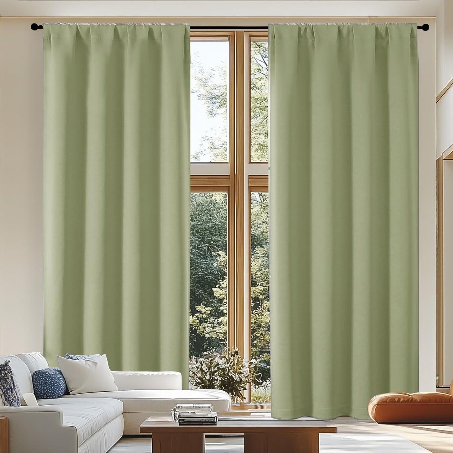 Simplebrand Ava Sage Green Blackout Curtains for Patio 108 Inches Long 2 Panels Set, Solid Thermal Insulated Room Darkening Rod Pocket Window Treatment Curtains Blackout Drapes, W50 x L108 Inch
