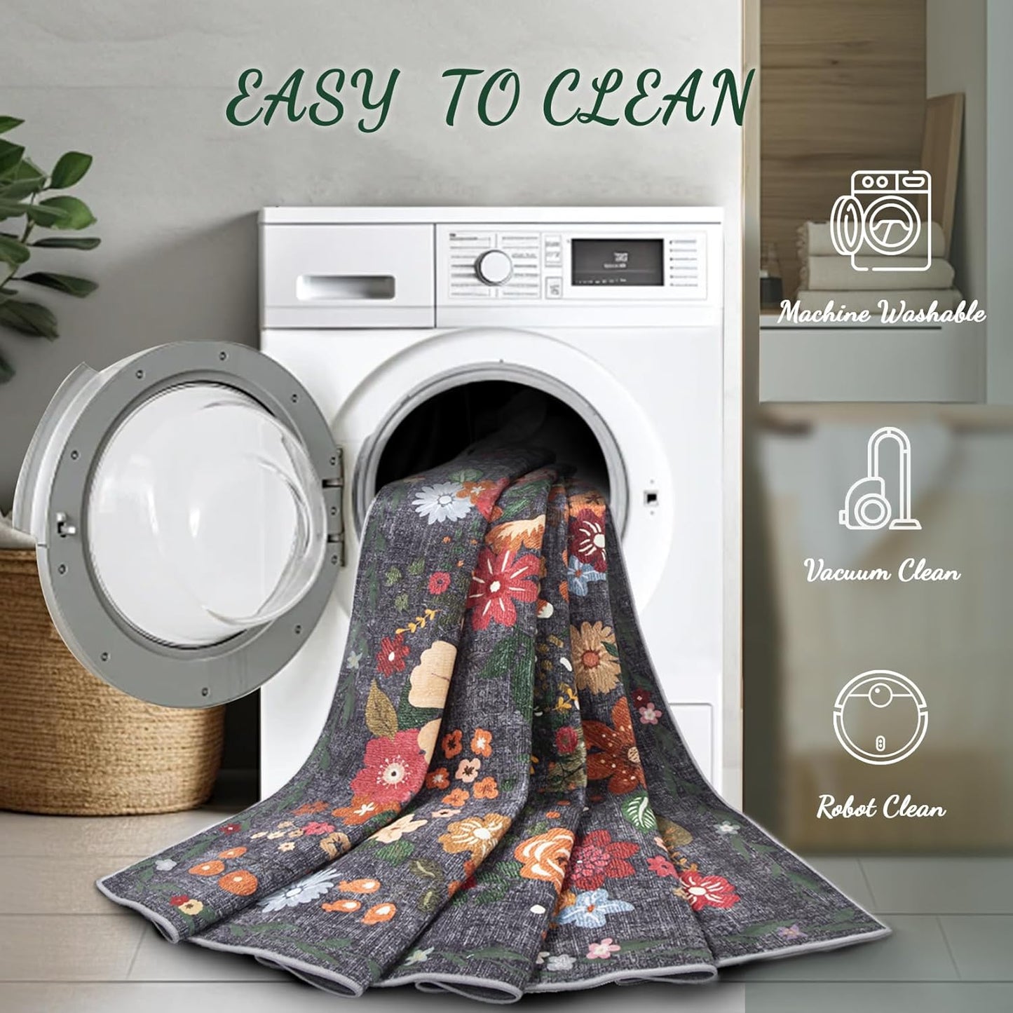 9x12 Area Rug for Living Room: Vintage Floral Washable Rug Soft Boho Non Slip Carpet Large Indoor Floor Non Shedding Low Pile Thin Carpets for Bedroom Dining Room Farmhouse Nursery Home Office Black