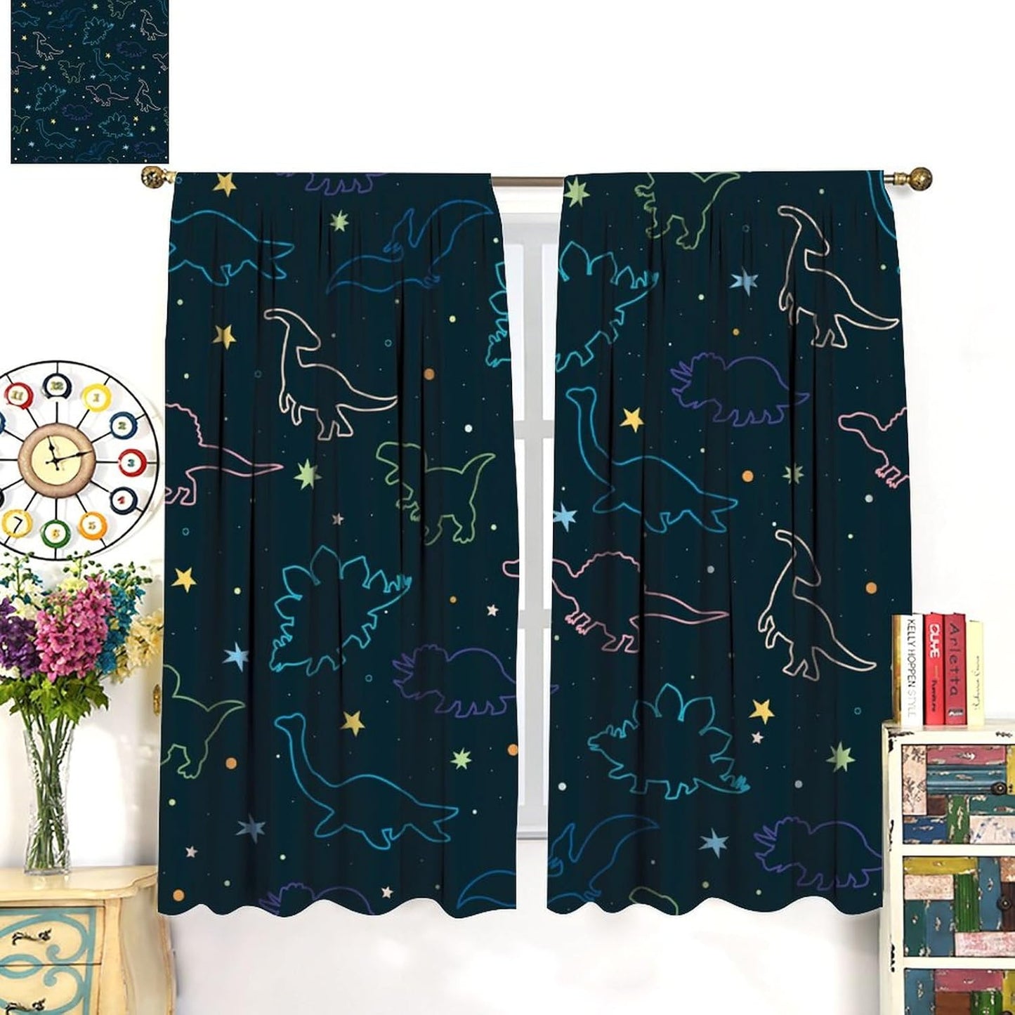 Cartoon Colorful Dinosaur Curtains for Kids Boys Girls Home Decor, Astronaut Funny Outer Space Star Blackout Rod Pocket Window Drapes for Bedroom Living Room W21xL63in 2 Panels