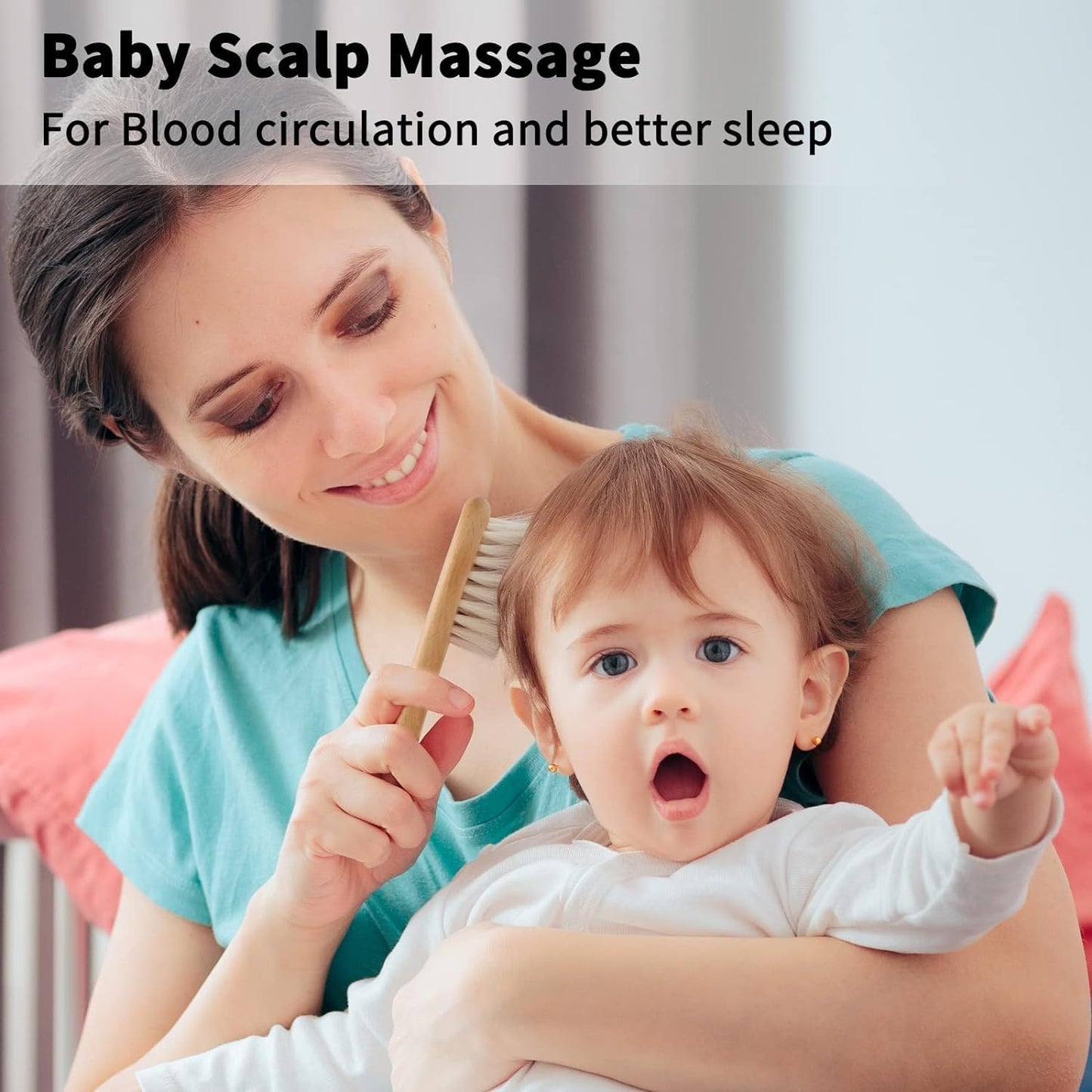 Goat Baby Hair Brush Set, Wooden Comb Massage Scalp Comb, Safe Natural Hair Care Kit, Soft Silicone Bath Brush for Newborns Toddlers (Brush Set+ Green Massager)