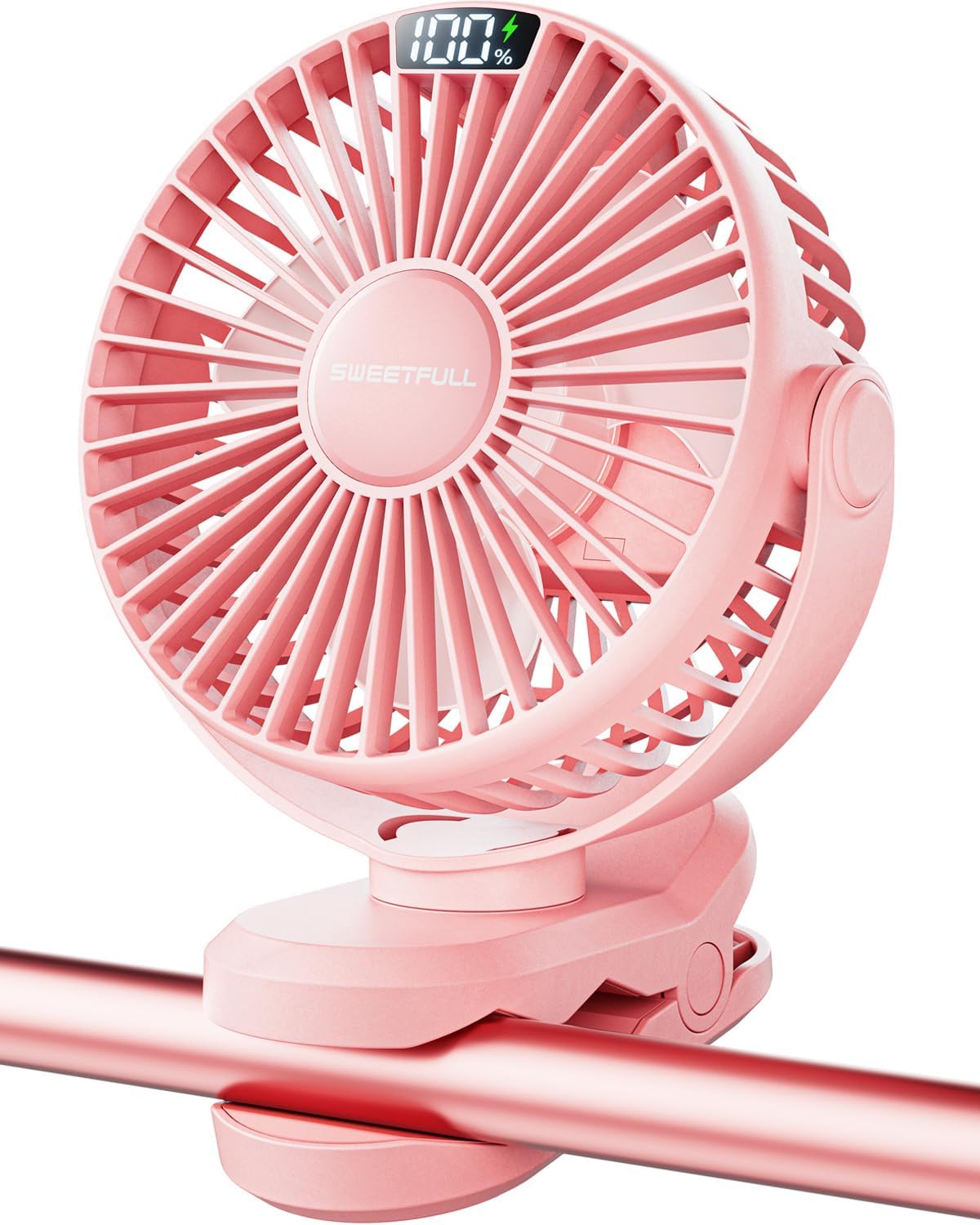 SWEETFULL Portable Clip on Fan - Battery Operated Stroller Fan, 4000mAh Small Rechargeable Fans with LED Display, 4 Speeds, Mini Personal Cooling Desk Cooler for Golf Cart Travel Camping Gym (Pink)