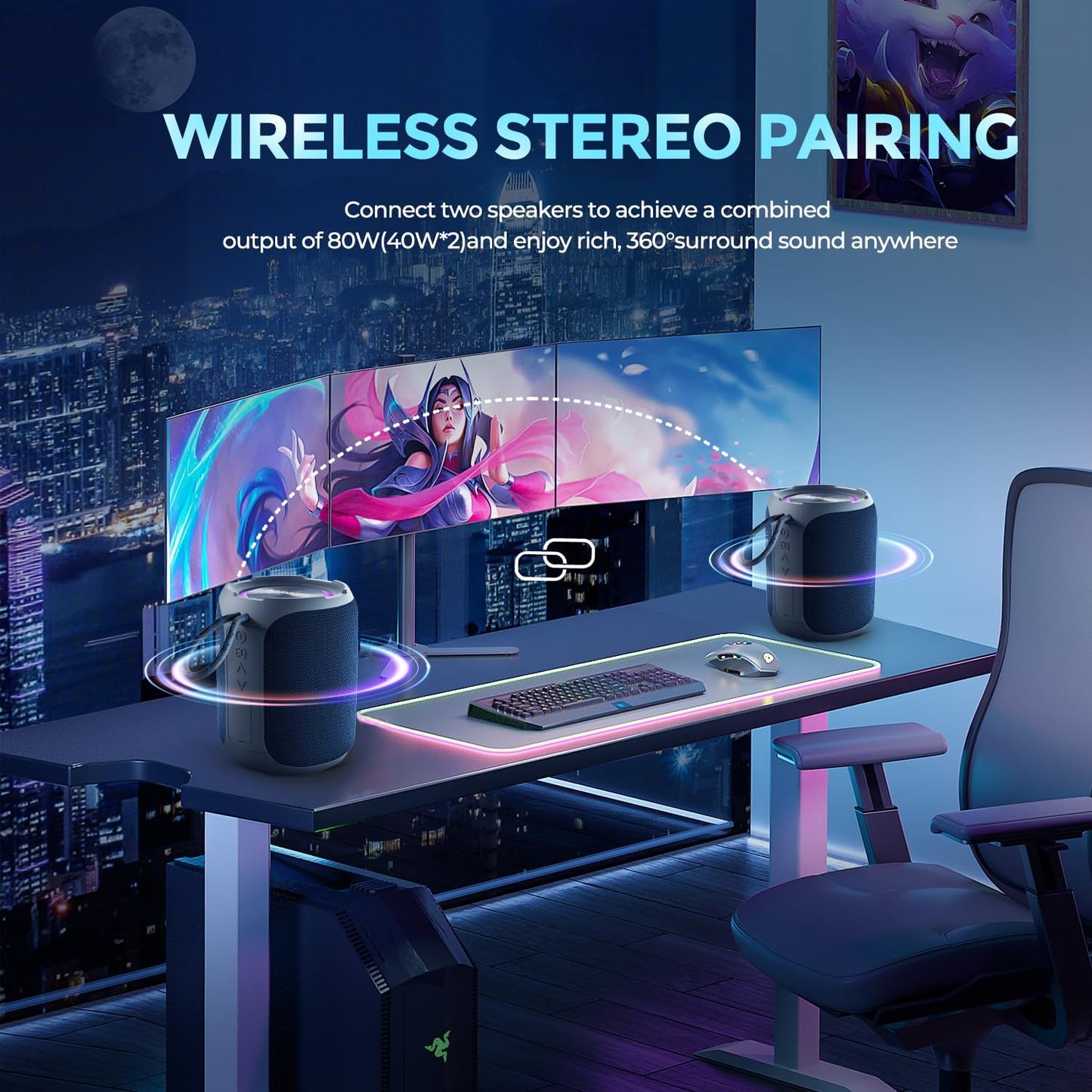 Portable Bluetooth Speaker with Stereo, IPX7 Waterproof, Bluetooth 5.3 with 4-in 1 BT/Aux/TF-Card/U Disk Input, 40W Wireless Speaker for Outdoor/Home/Party/Electronic Gadgets