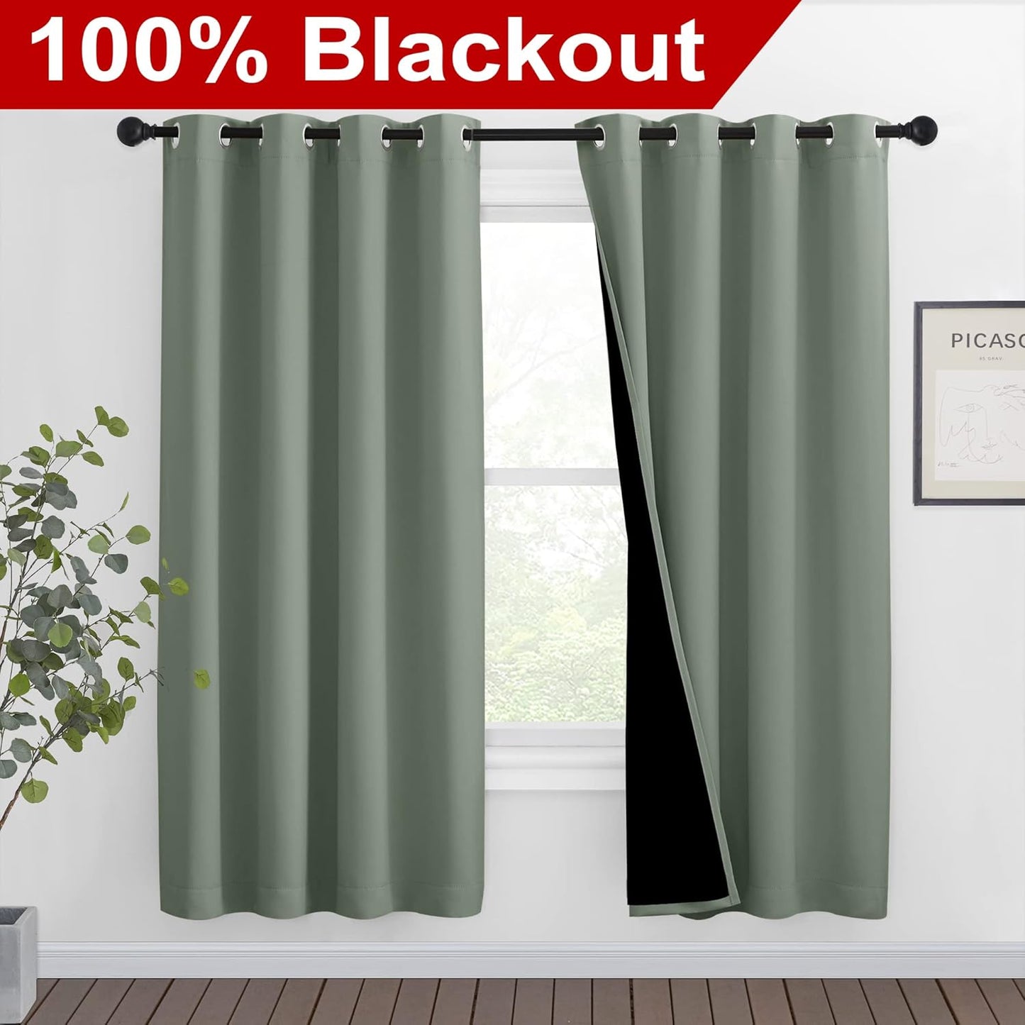 NICETOWN 100% Blackout Window Curtain Panels, Full Light Blocking Drapes with Black Liner for Nursery, 72-inch Drop Thermal Insulated Draperies (Greyish Green, 2 Pieces, 46-inch Wide Per Panel)