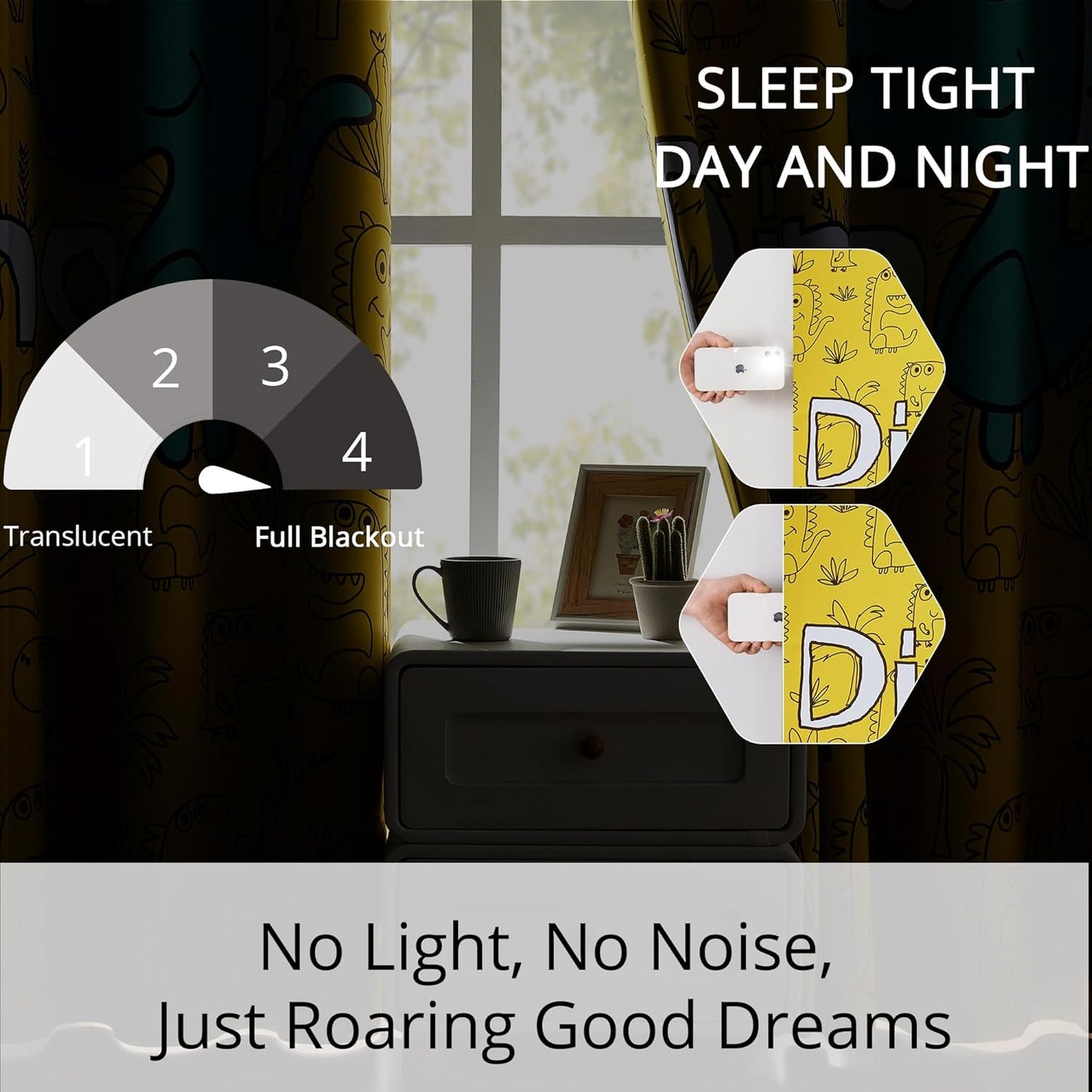 Dinosaur Blackout Curtains for Kids Room - 2 Panels, Each W52×L63, 100% Blackout, Thermal Insulated, Noise Reducing, Perfect for Kids Room and Nersury