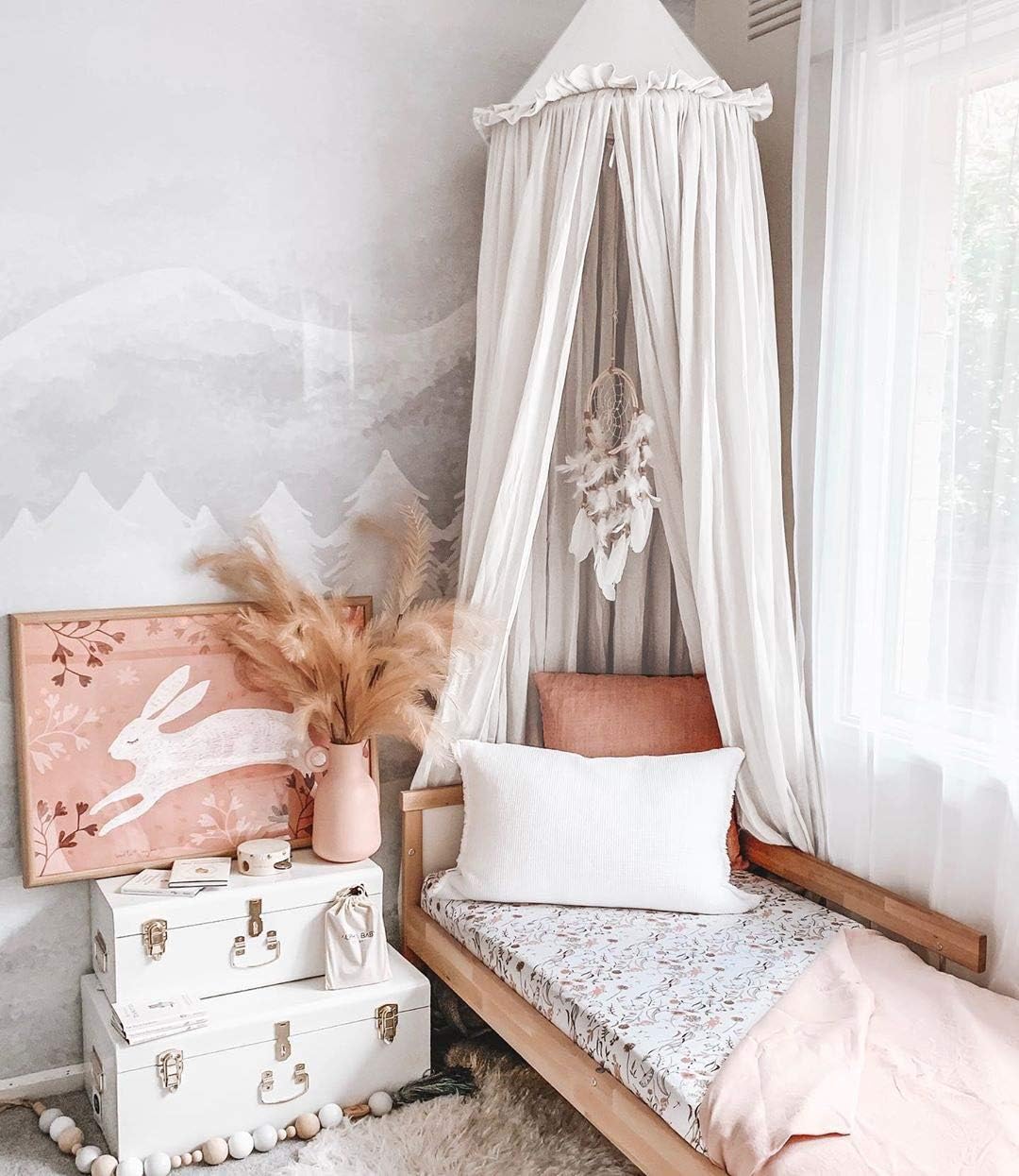 Kids Bed Canopy with Frills Cotton Cover Net for Crib Reading Nook Curtain Hideaway Hanging Round Tent Nursery Bedding Play Room Decor