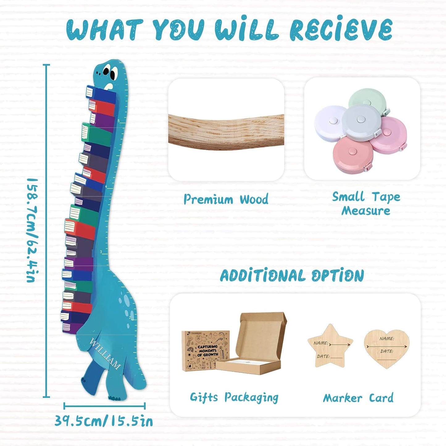 Personalized Name Growth Chart for Wall, Dinosaur Book Wooden Growth Chart Kids Height Chart,Growth Ruler for Toddler Playroom Decor 62.4" x 15.5"