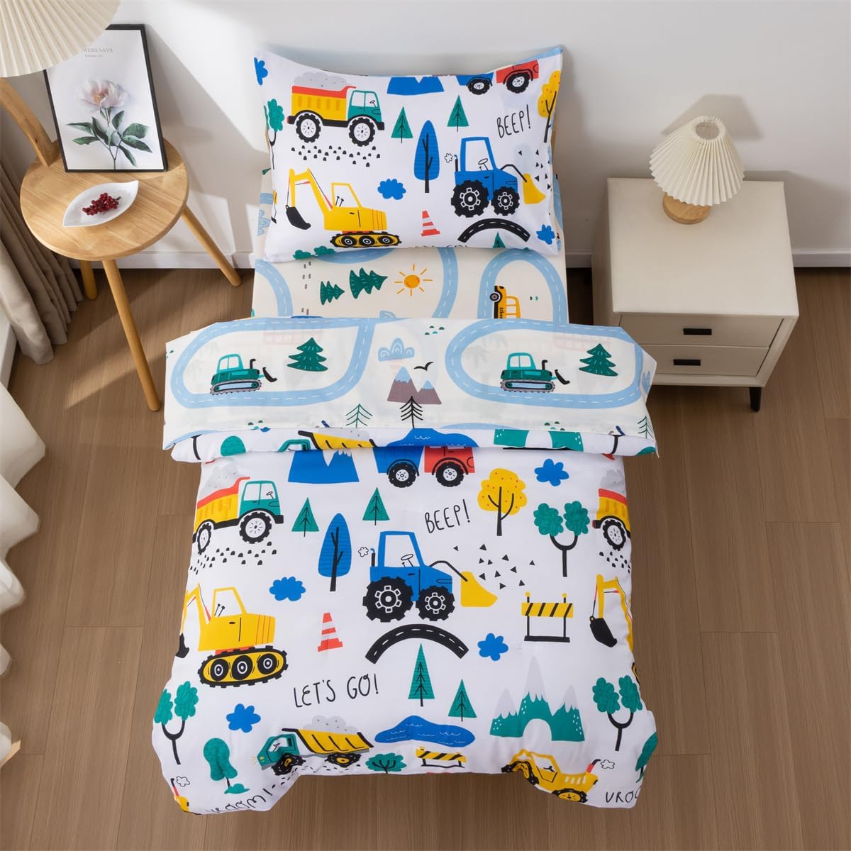 NTBED 4 Pieces Construction Toddler Bedding Set for Baby Boys,Tree Truck Vehicles Excavator Cars Printed, Includes Comforter, Flat Sheet, Fitted Sheet and Pillowcase,Blue