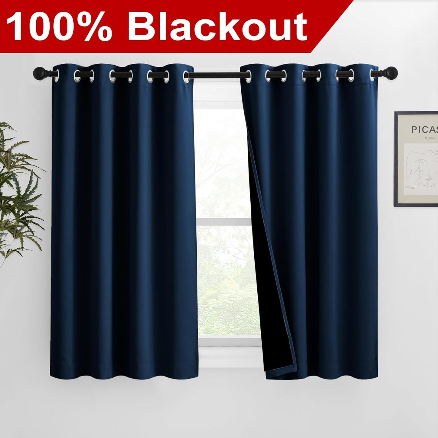 NICETOWN 100% Blackout Blinds, Set of 2, 46 inches x 45 inches, Laundry Room Decor Window Treatment Curtains for Large Patio Sliding Door, Thermal Insulated Moroccan Blue Curtains for Bedroom