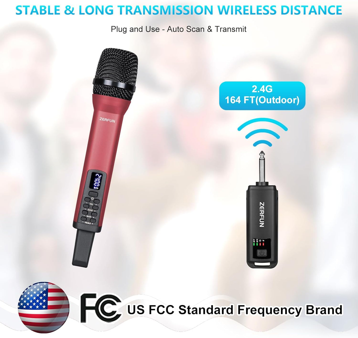 Rechargeable Wireless Microphone, Pro Handheld Cordless Mics System Dynamic with Echo Treble BASS VOL Control for Karaoke Singing Church Party, 1/4'' Output, D240, Red