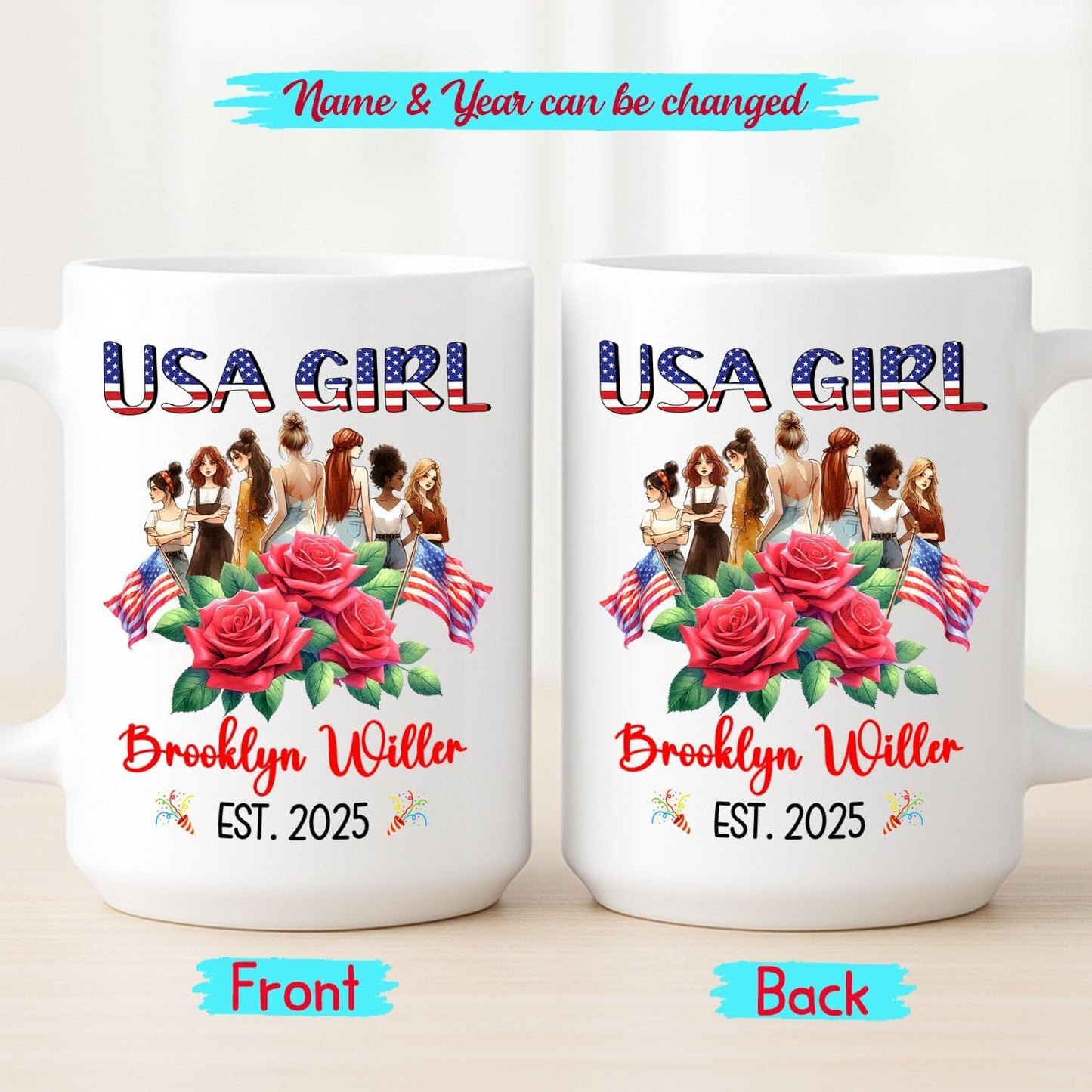 Customized USA Girl Coffee Cup Gift For Women Mom Sister US Citizenship, Lovely American Girl White Coffee Mug, Personalized Name And Year On American Citizen Mug, Citizenship Celebration Cup 11 15Oz