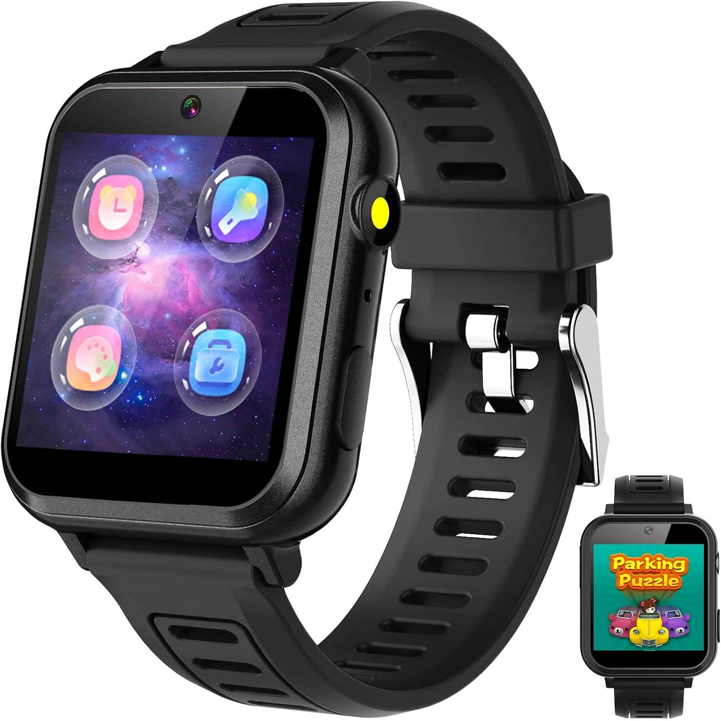 Smart Watch for Kids 4-12 Years Boys Girls,Smartwatch,Aluminum Case with Pink Sport Band,24 Games Camera Voice Music Video Player Recorder,Pedometer Flashlight, Birthday (Black)